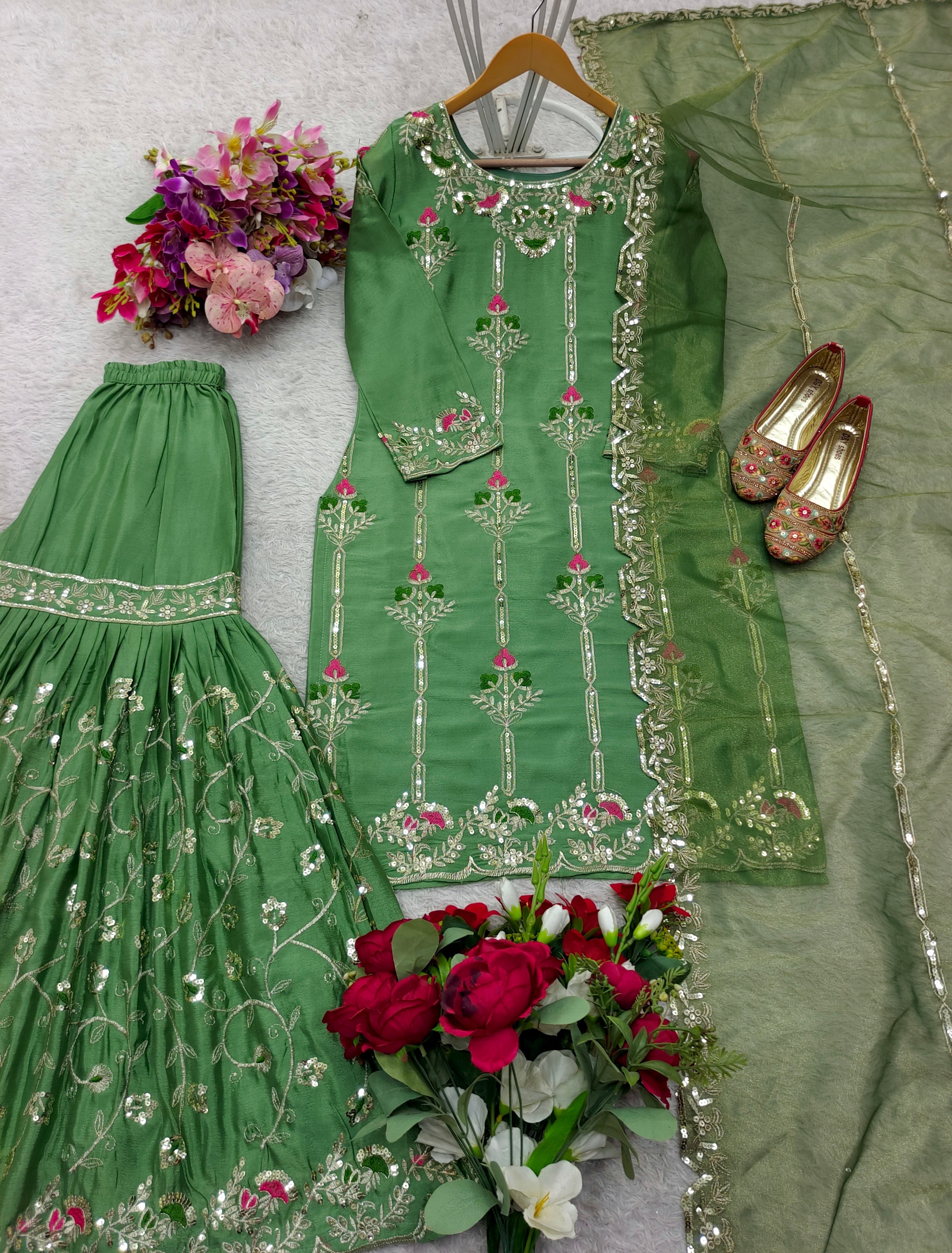 Designer Party Wear Top-Sarara And Dupatta Embroidery Sequence Work