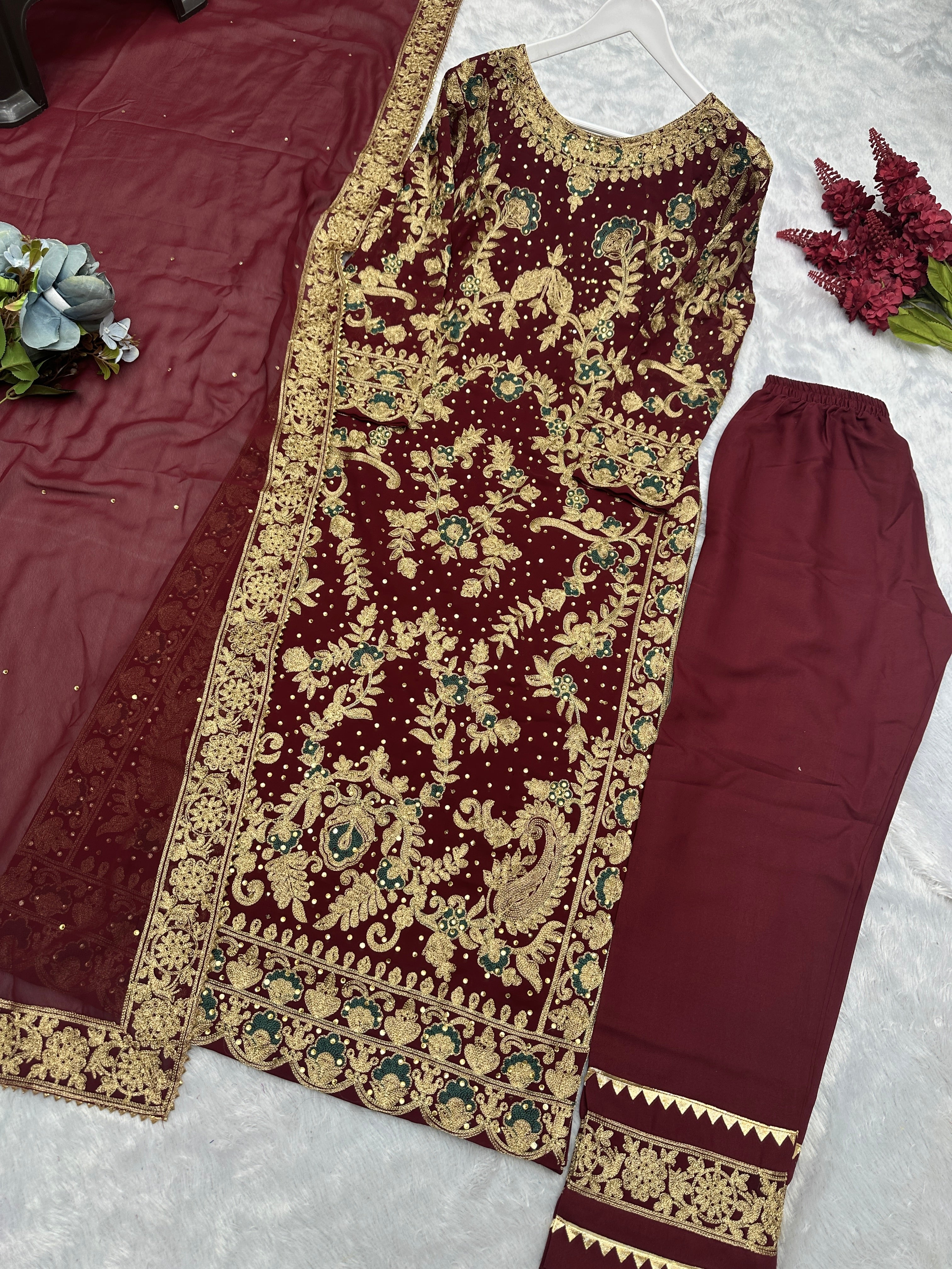 Fancy Top - Bottom With Dupatta With Embroidery And Stone Hand Work