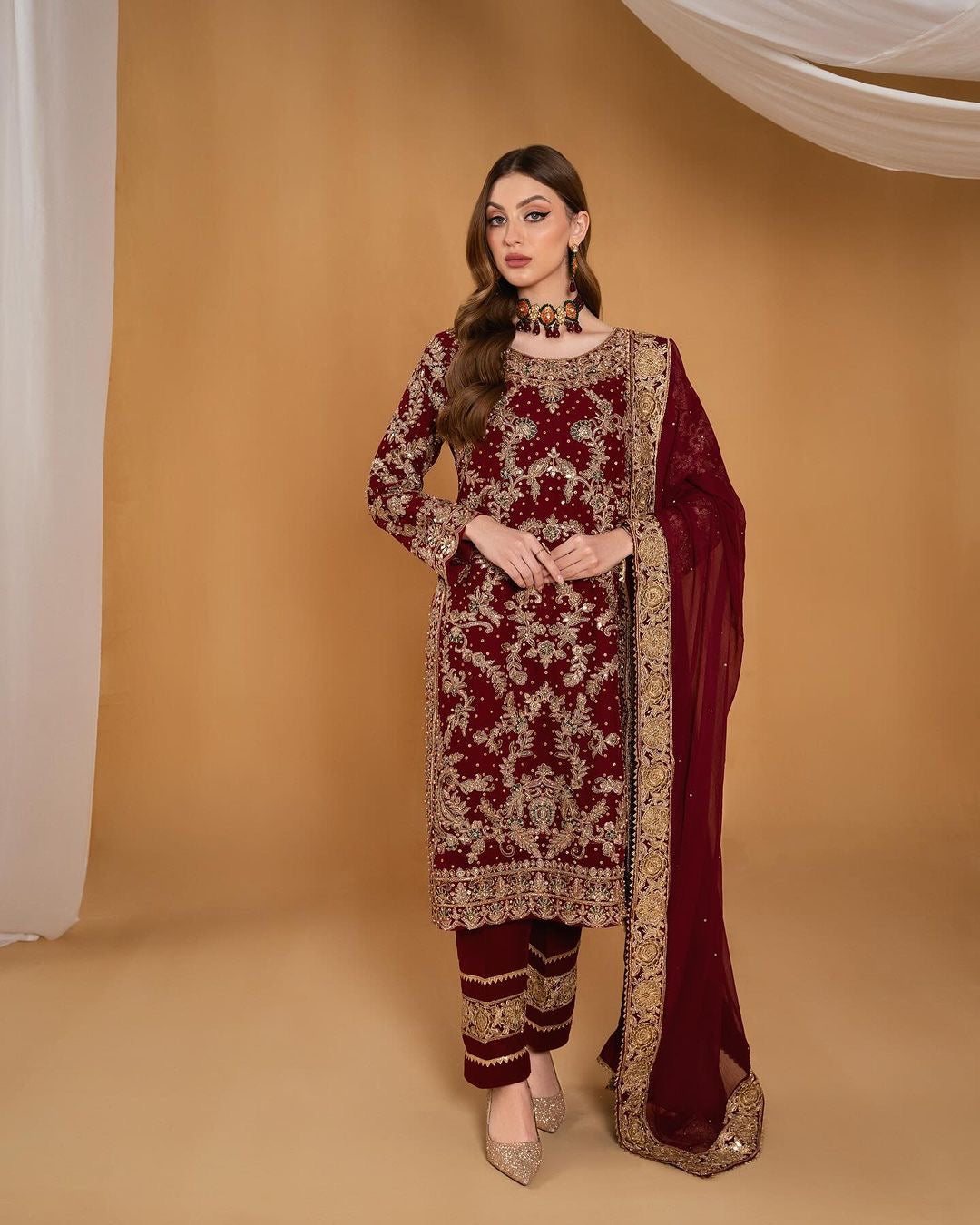 Fancy Top - Bottom With Dupatta With Embroidery And Stone Hand Work
