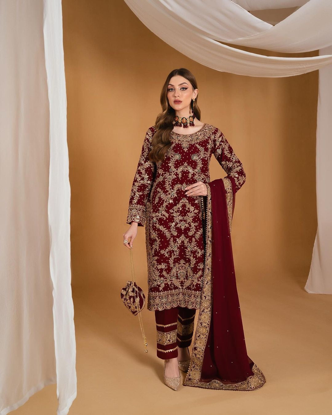 Fancy Top - Bottom With Dupatta With Embroidery And Stone Hand Work