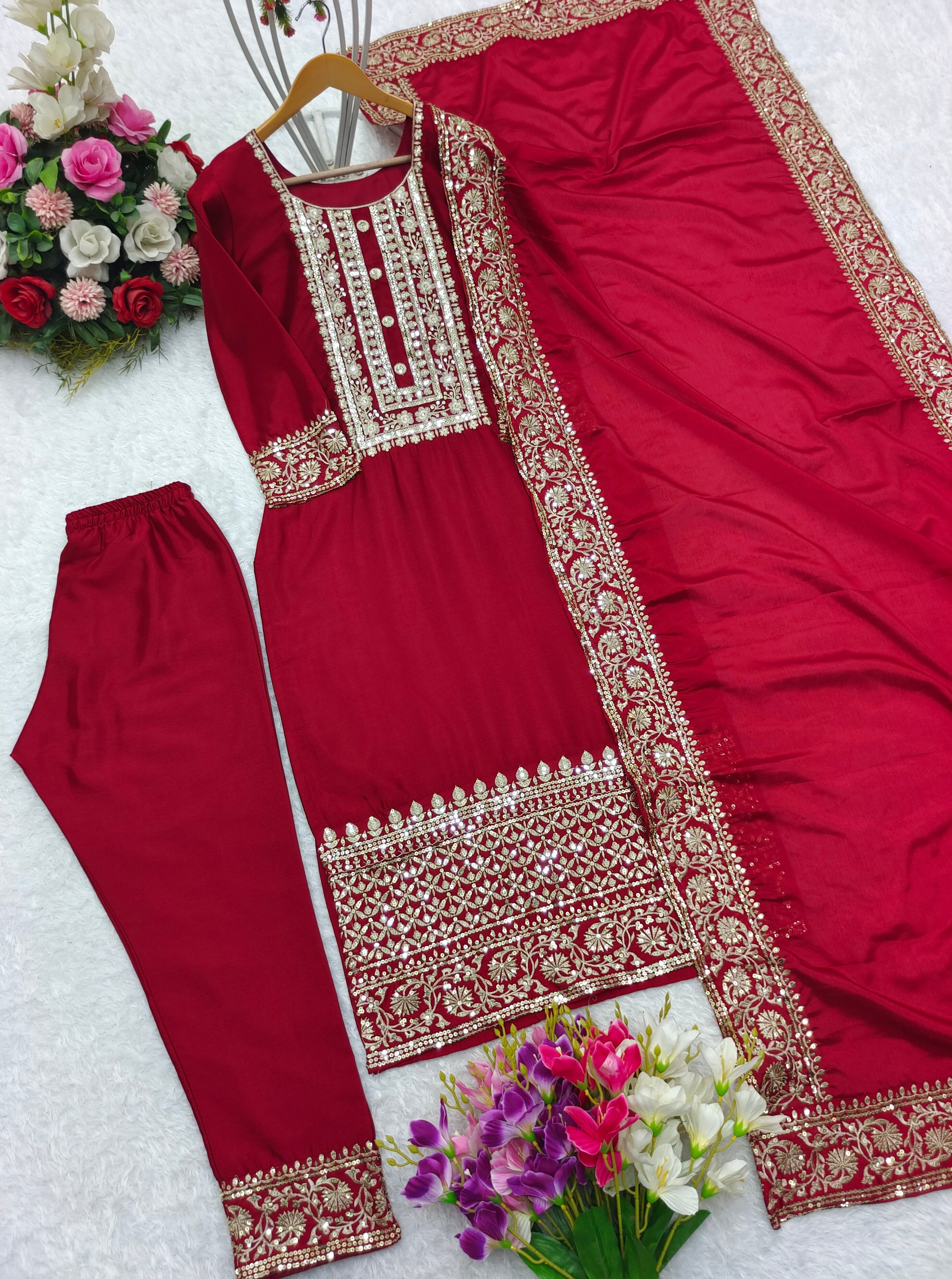 Designer Party Wear Top-Pent And Dupatta With Lace Work