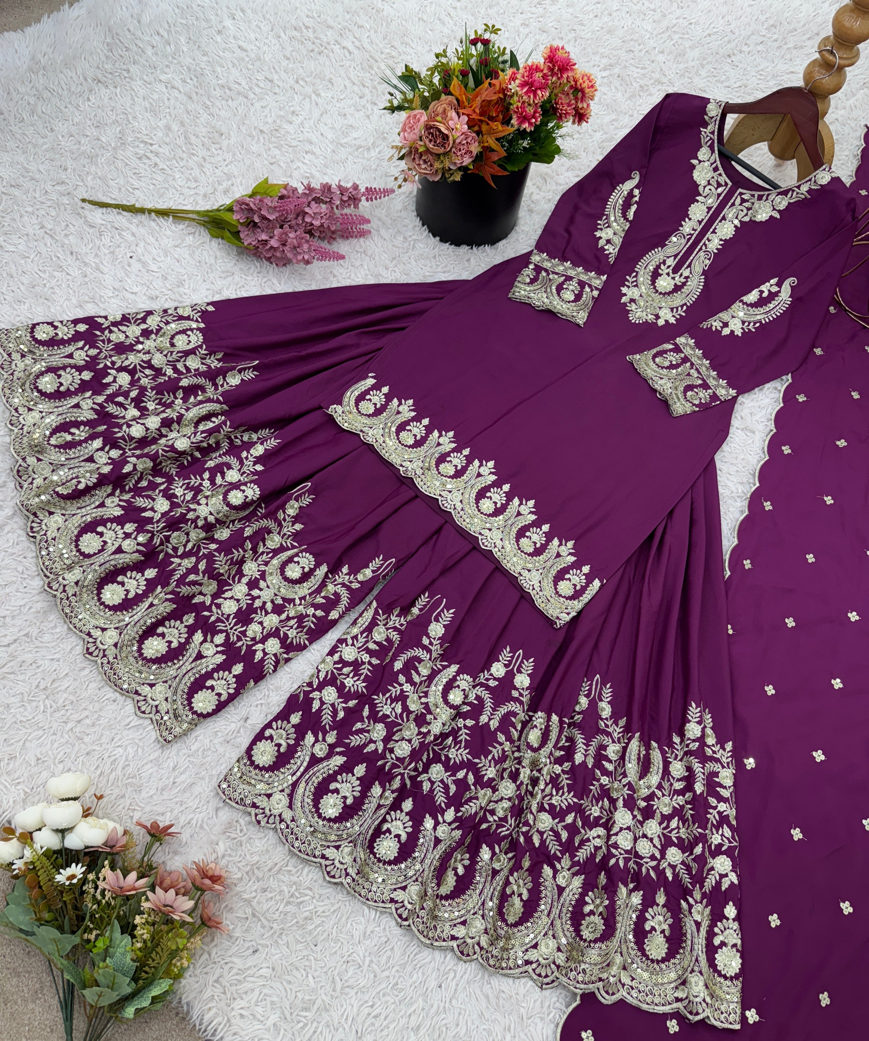 Designer Party Wear Look Top-Sharara And Dupatta With Embroidery Work