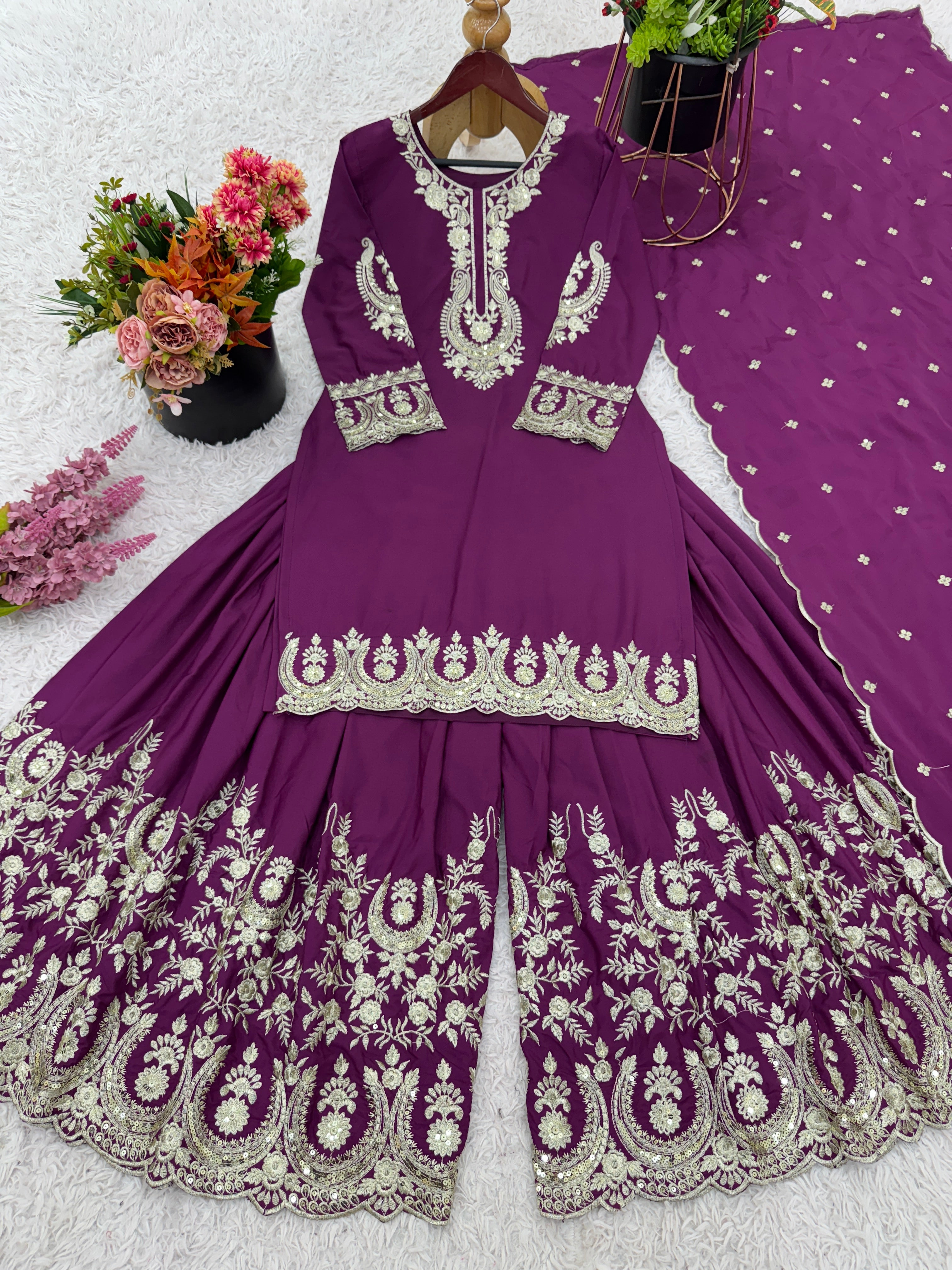 Designer Party Wear Look Top-Sharara And Dupatta With Embroidery Work