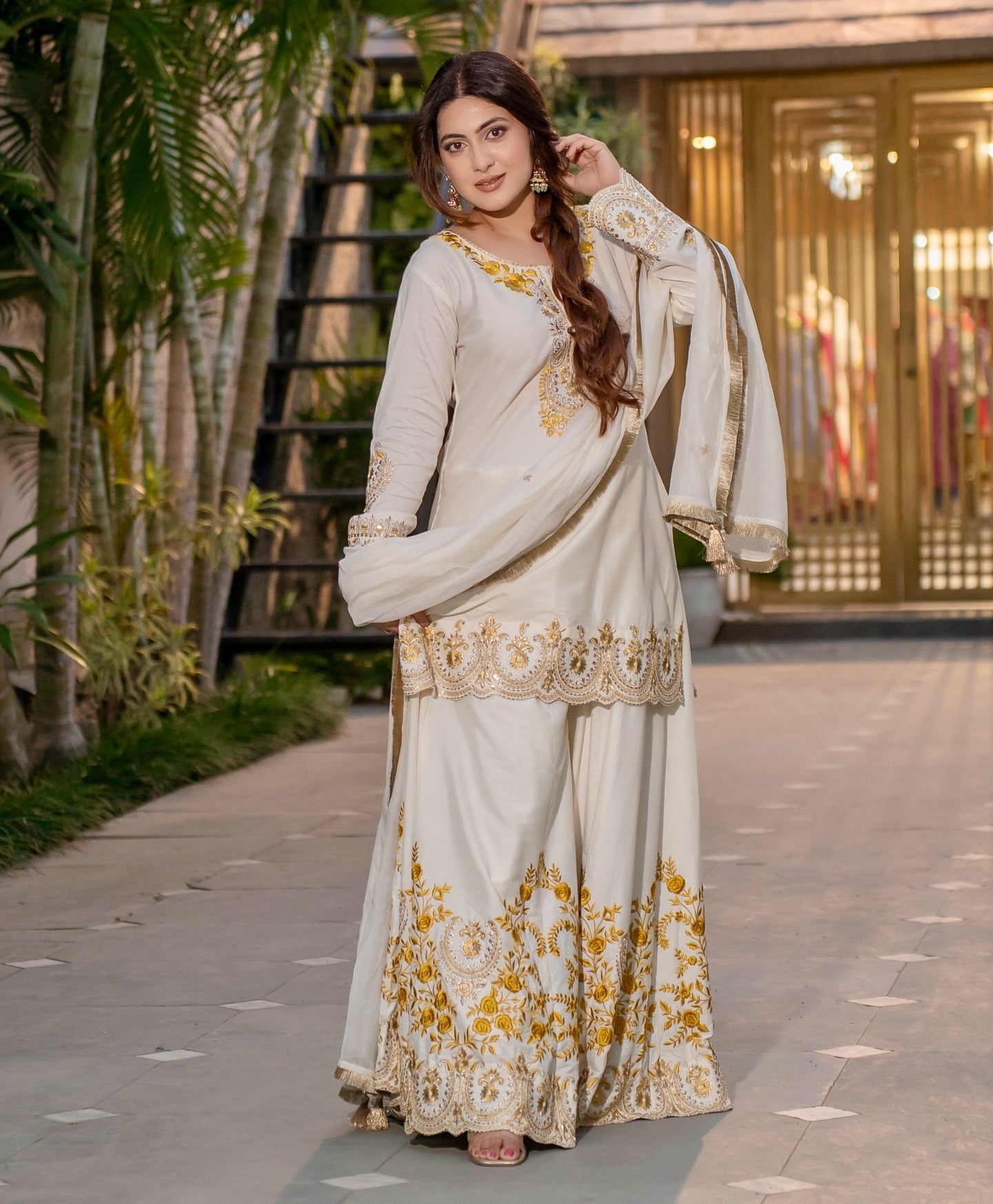 Designer Party Wear Look Top-Sharara And Dupatta With Embroidery Work