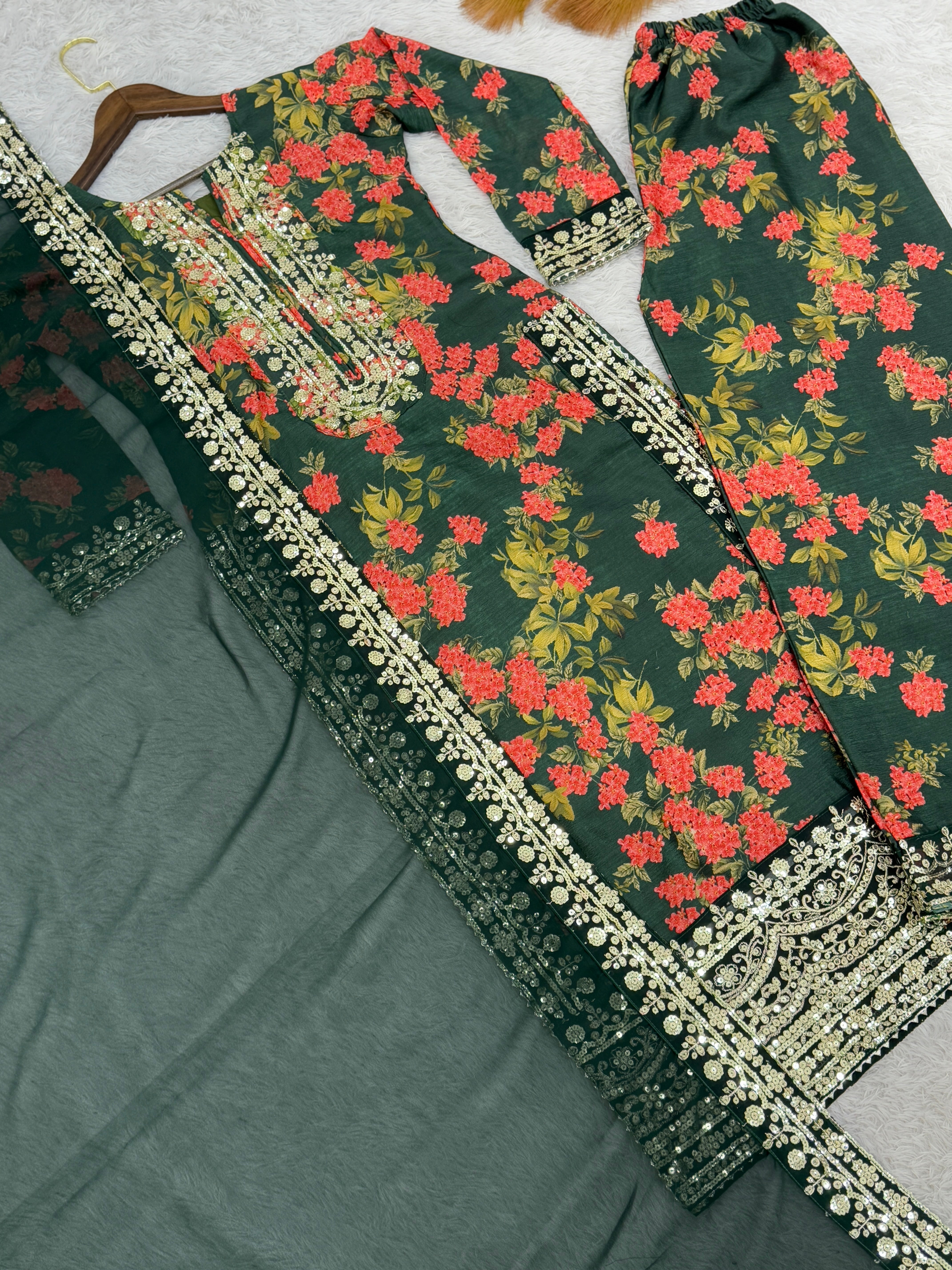 Fancy Top - Plazzo With Dupatta With Fancy Digital Print With Embroidery Work