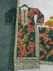 Fancy Top - Plazzo With Dupatta With Fancy Digital Print With Embroidery Work