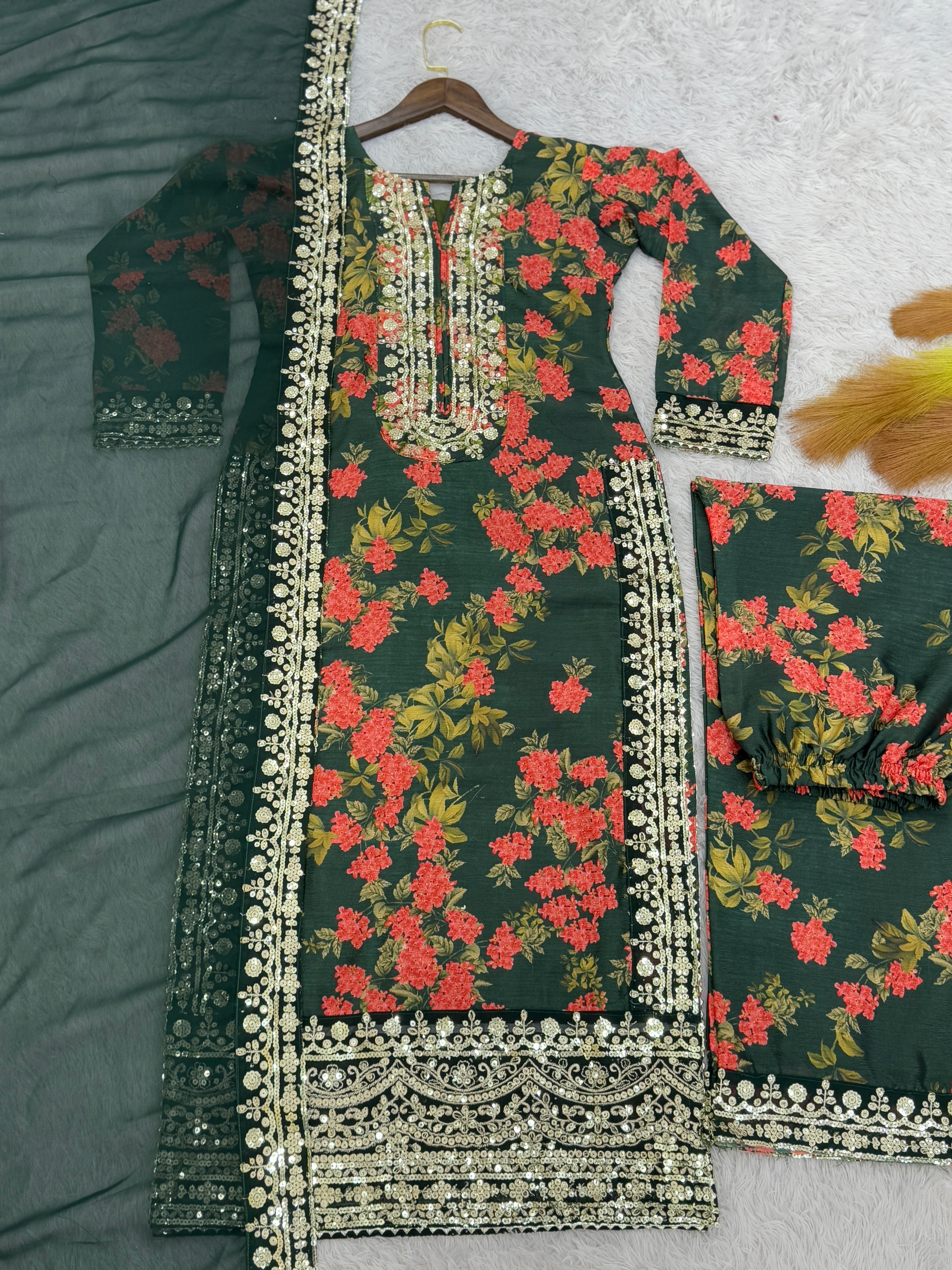 Fancy Top - Plazzo With Dupatta With Fancy Digital Print With Embroidery Work