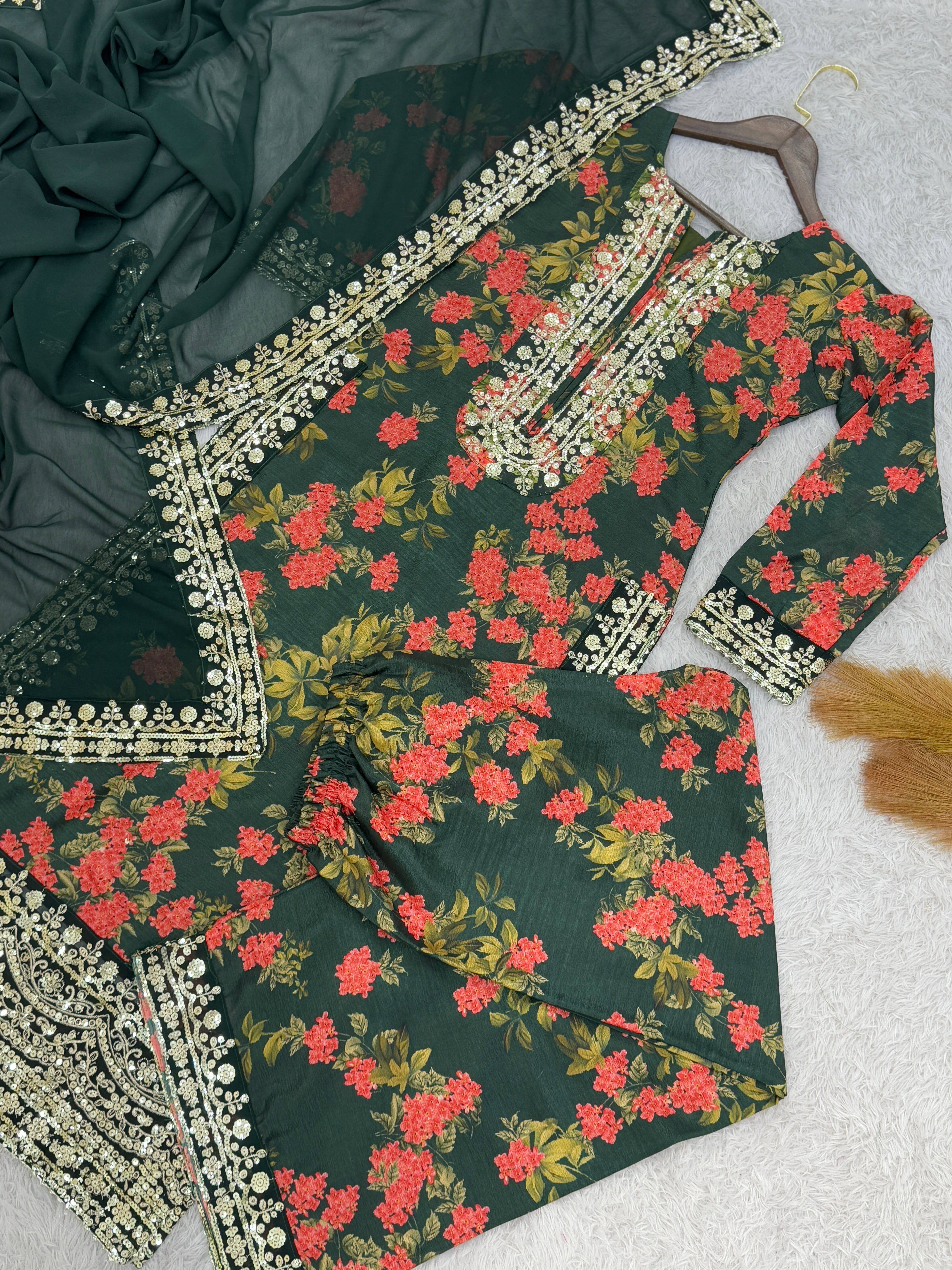 Fancy Top - Plazzo With Dupatta With Fancy Digital Print With Embroidery Work