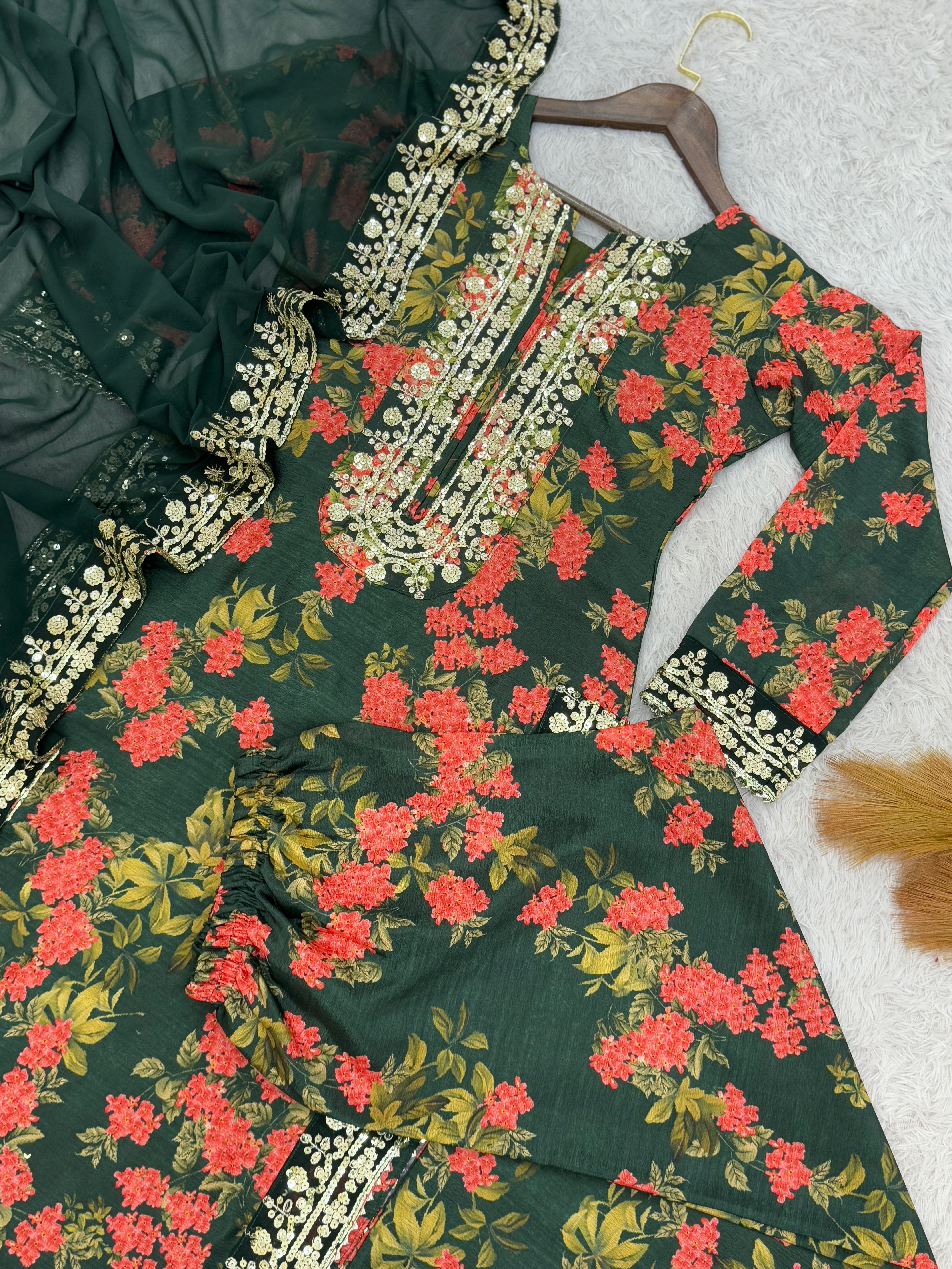 Fancy Top - Plazzo With Dupatta With Fancy Digital Print With Embroidery Work