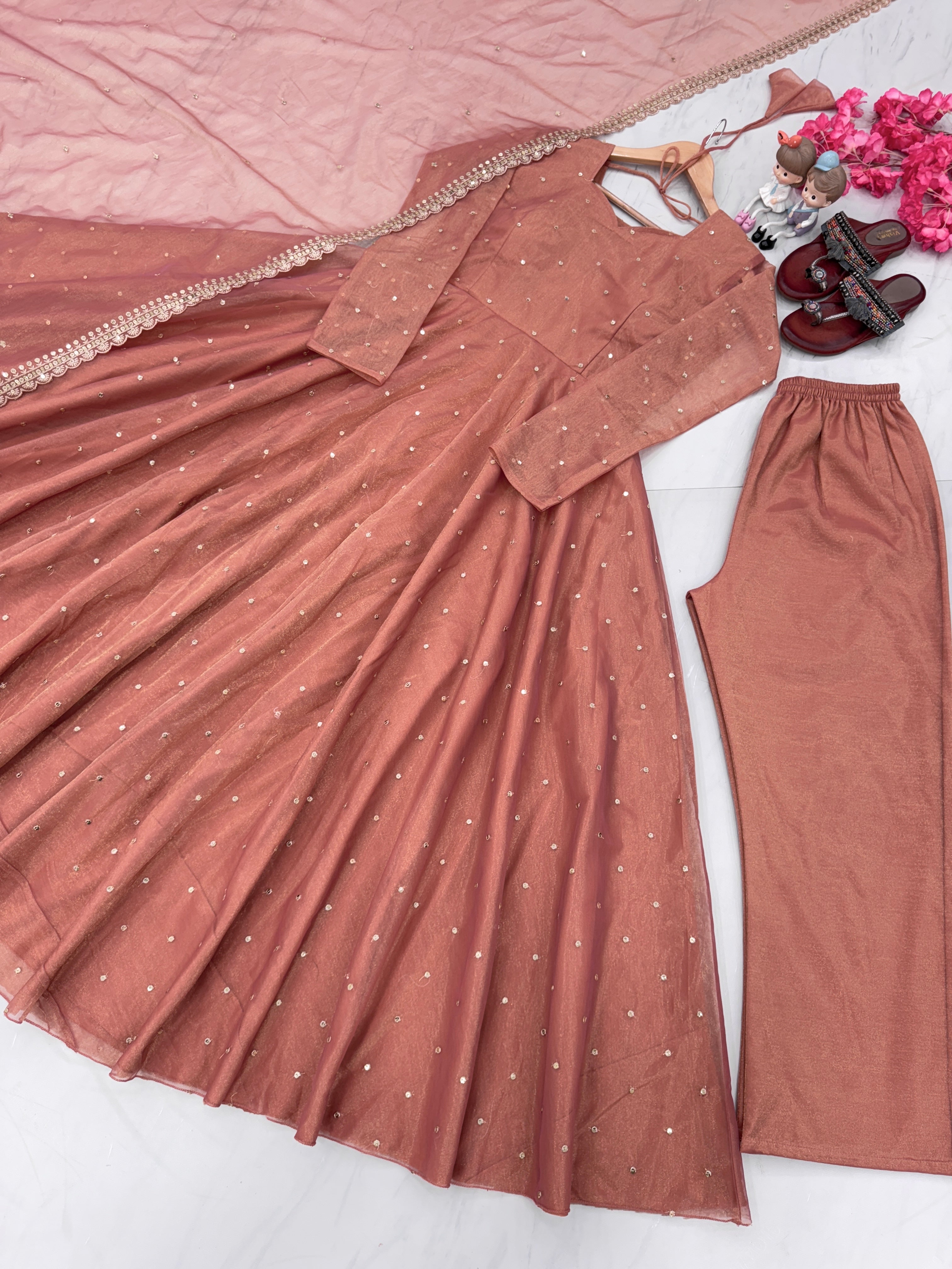 Party Wear Look Anarkali Gown, Dupatta & Plazzo Set