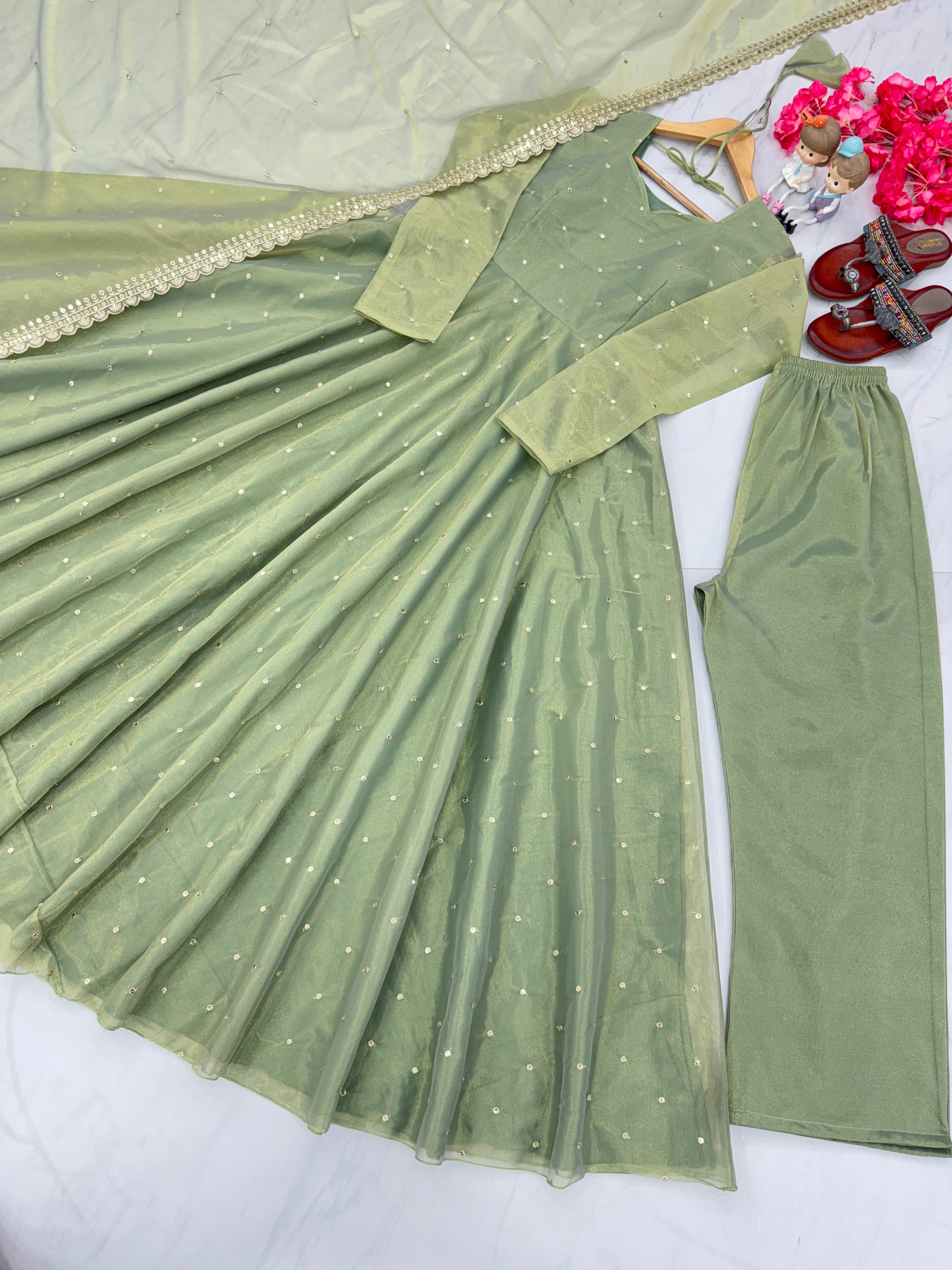 Party Wear Look Anarkali Gown, Dupatta & Plazzo Set