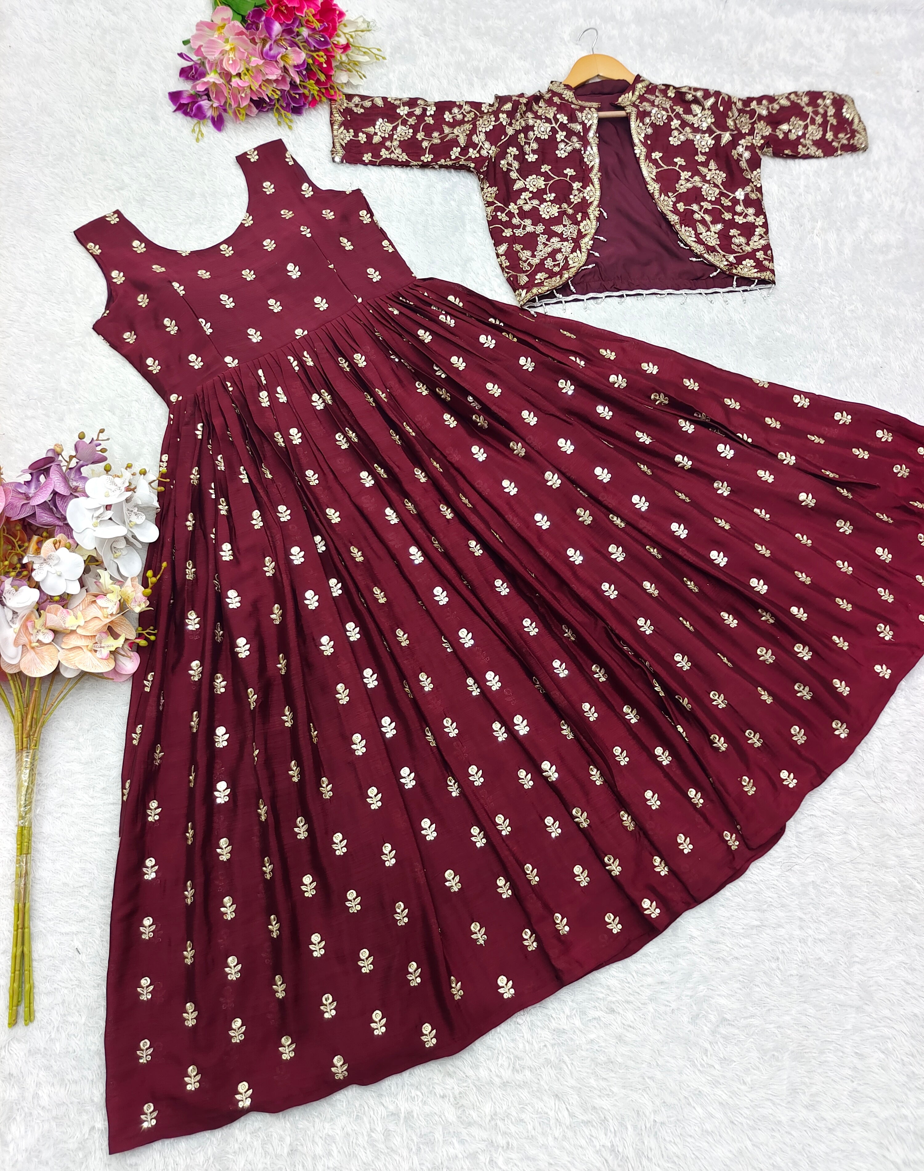 Designer Party Wear Gown-Jacket Set With Embroidery Work