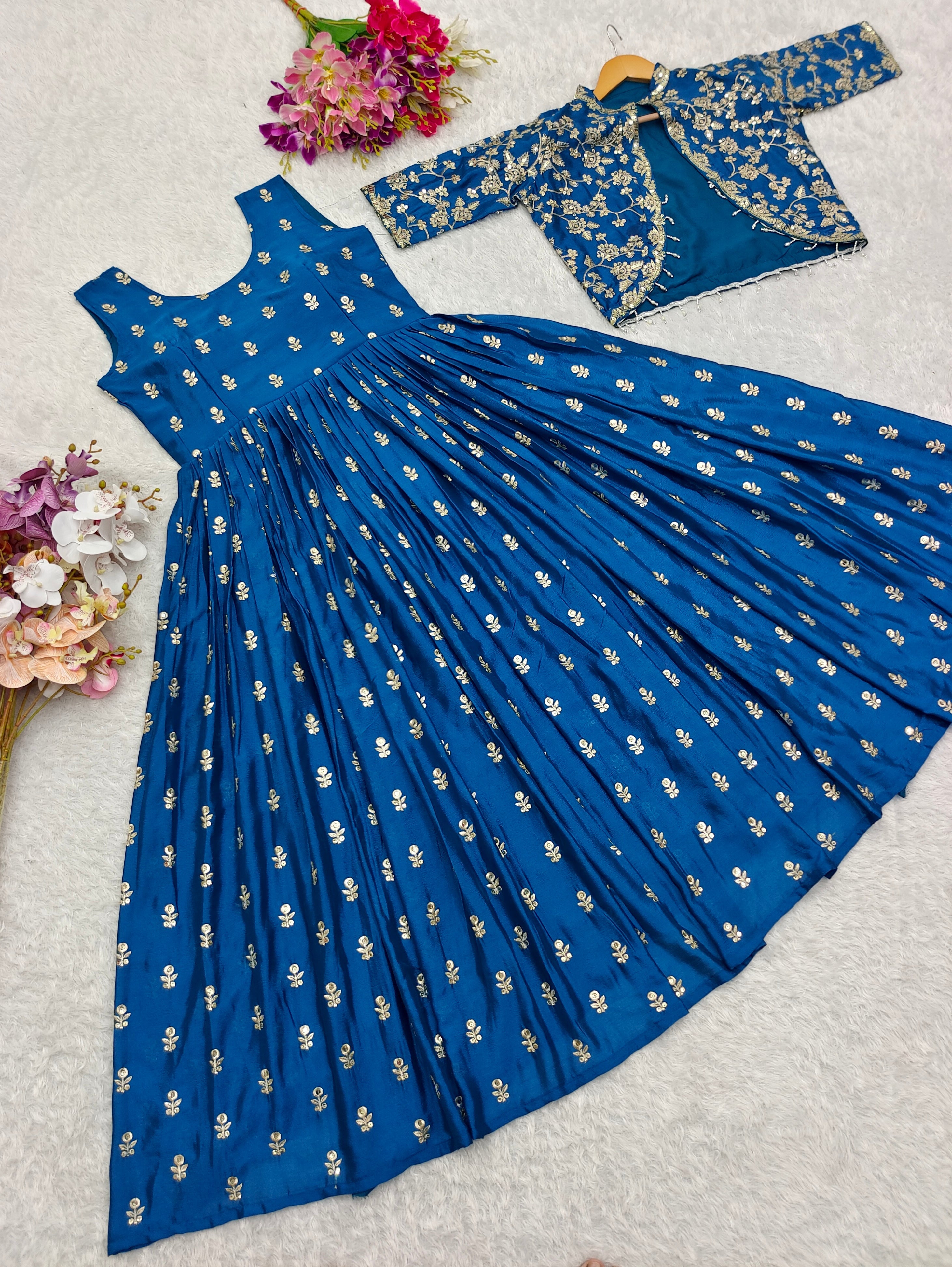 Designer Party Wear Gown-Jacket Set With Embroidery Work