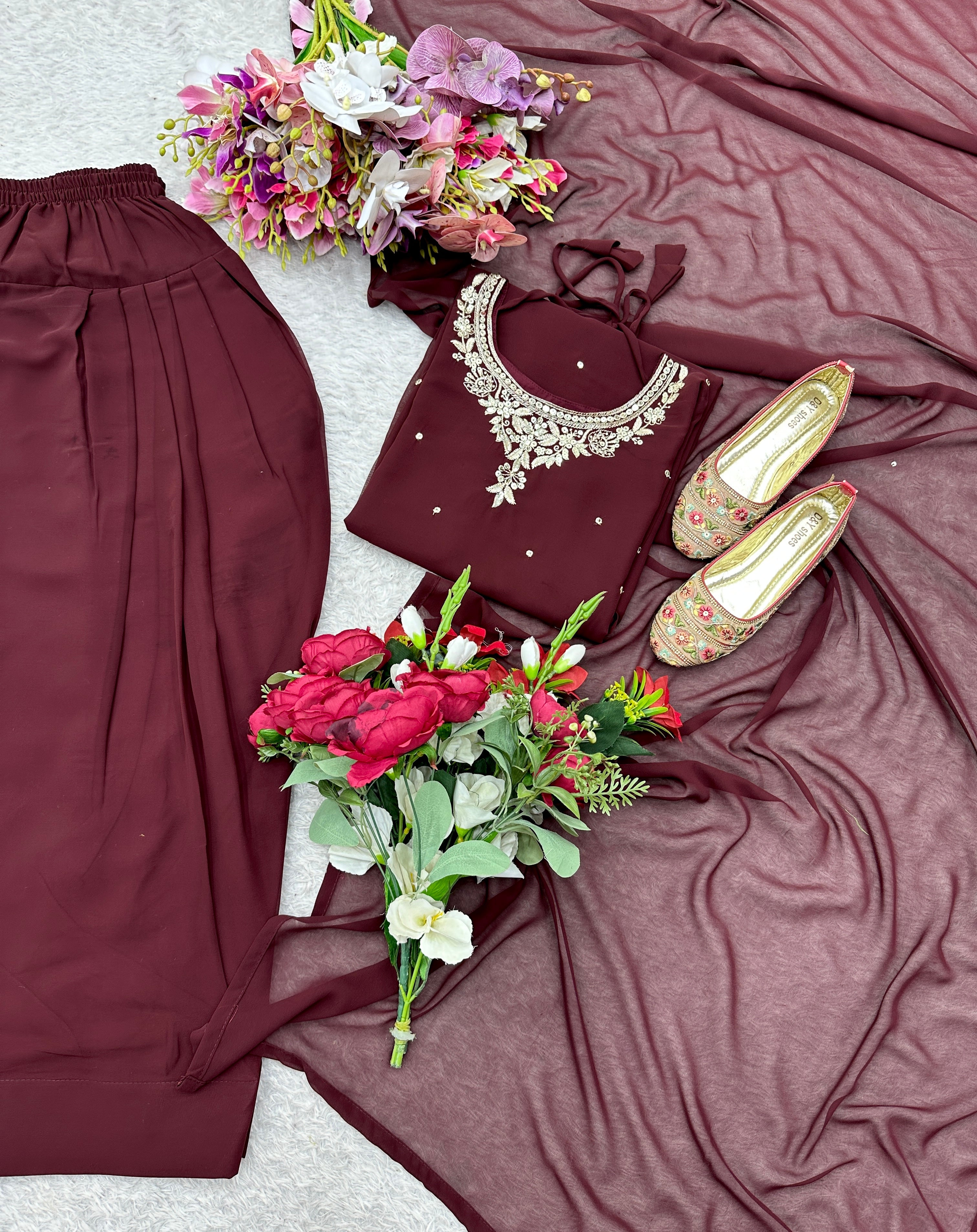 Designer Party Wear Top Pent & Dupatta With Embroidery Sequence Work