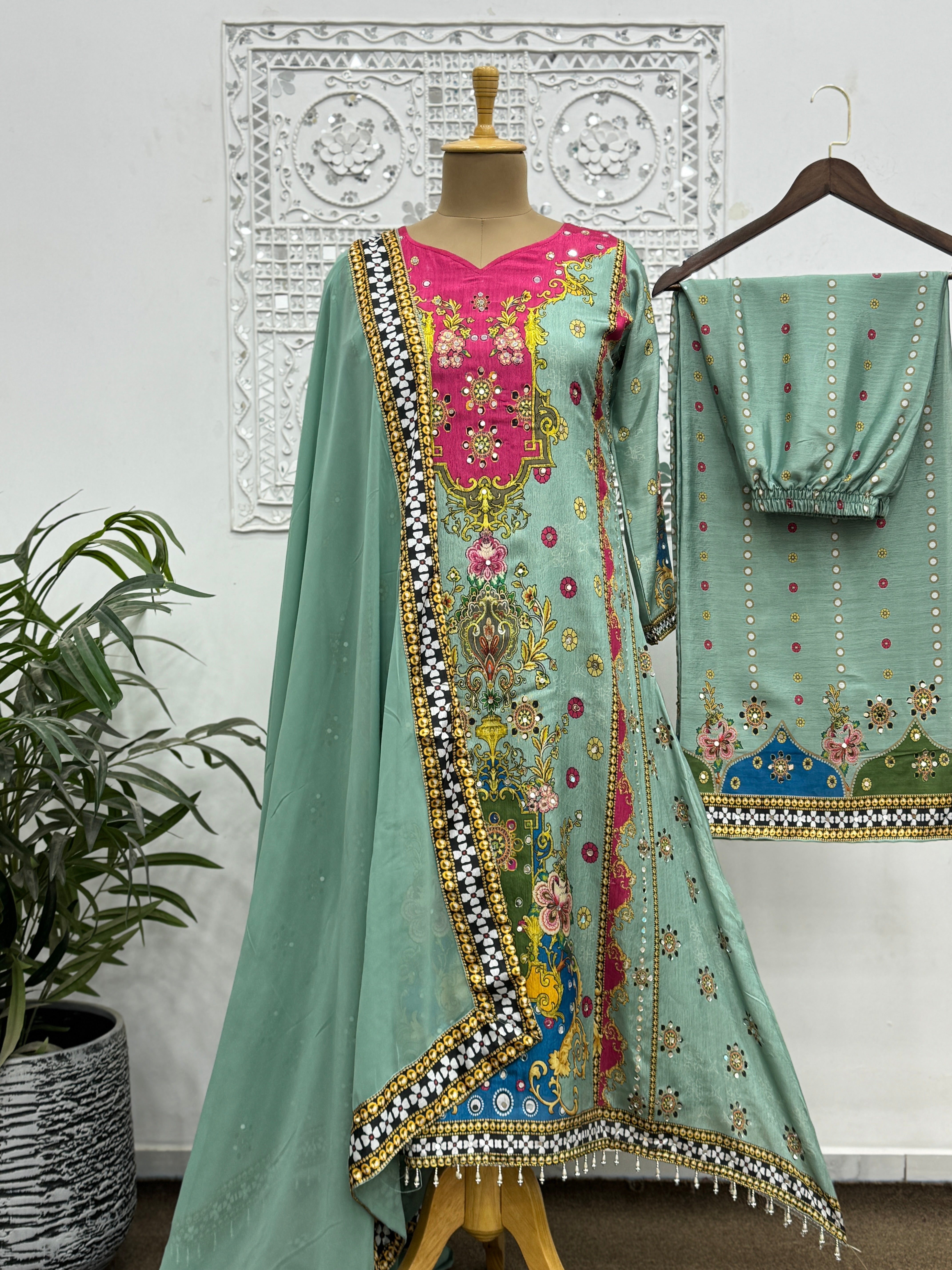 Fancy Suit Set With Beautiful Digital Print With Real Mirror Hand Work