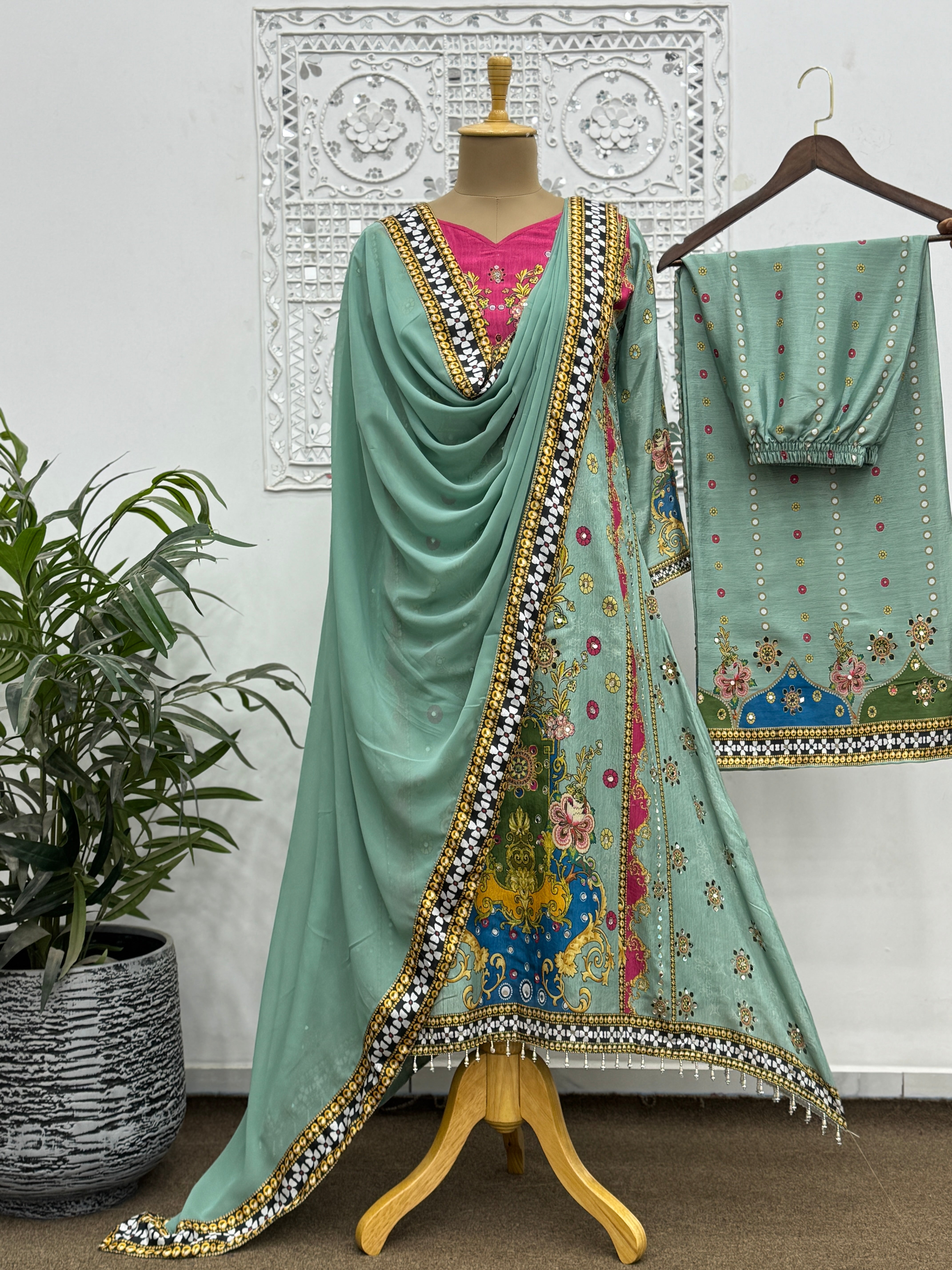 Fancy Suit Set With Beautiful Digital Print With Real Mirror Hand Work