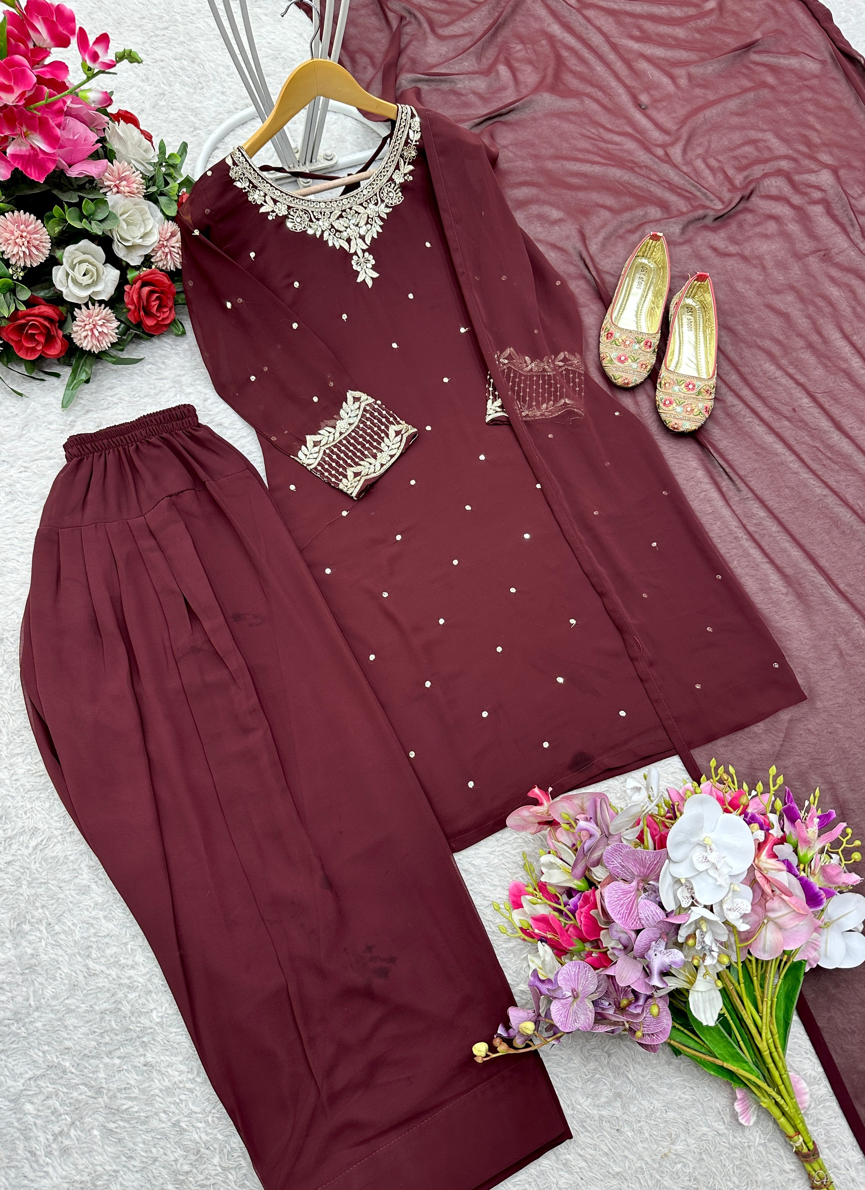 Designer Party Wear Top Pent & Dupatta With Embroidery Sequence Work