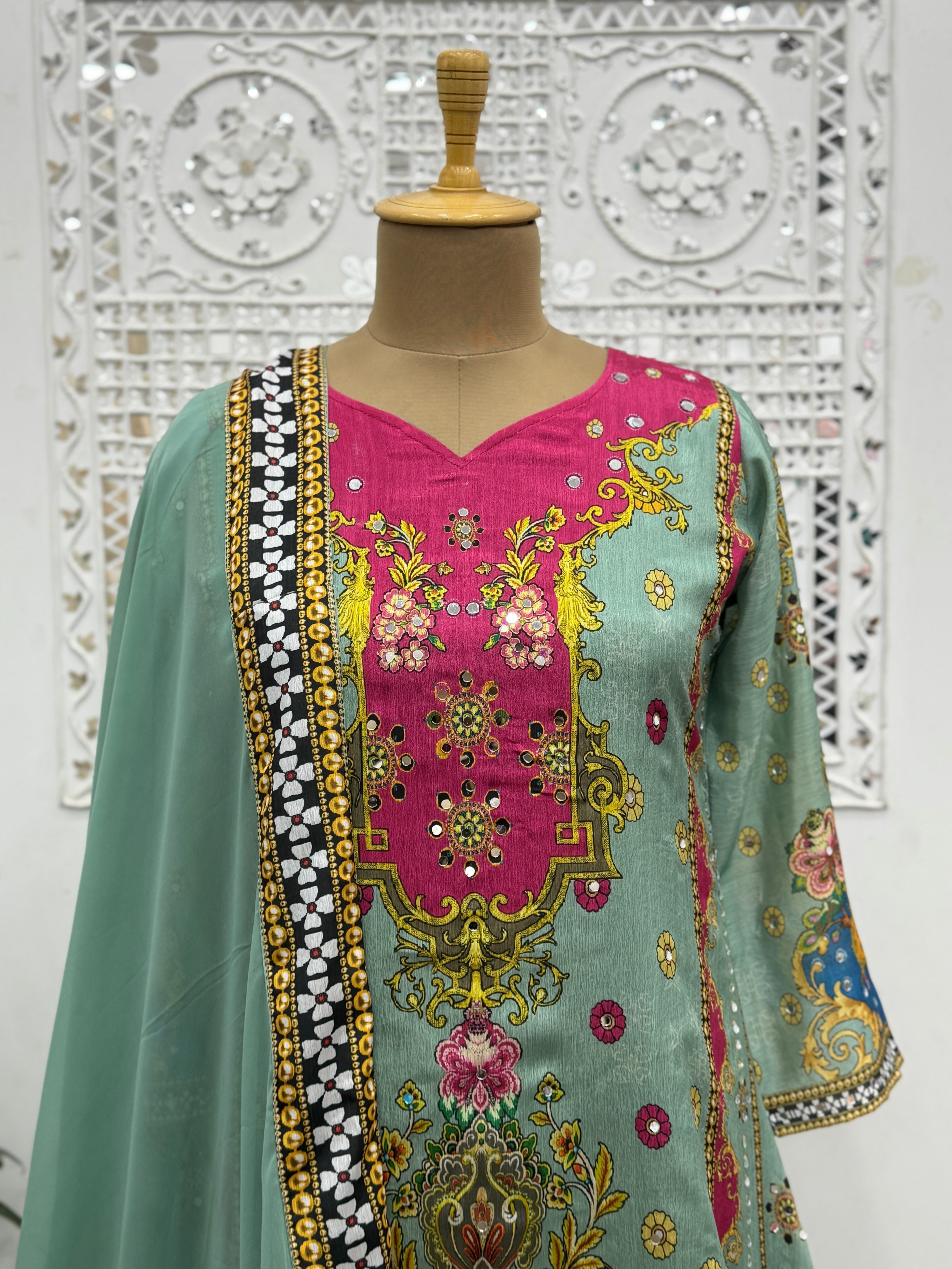 Fancy Suit Set With Beautiful Digital Print With Real Mirror Hand Work