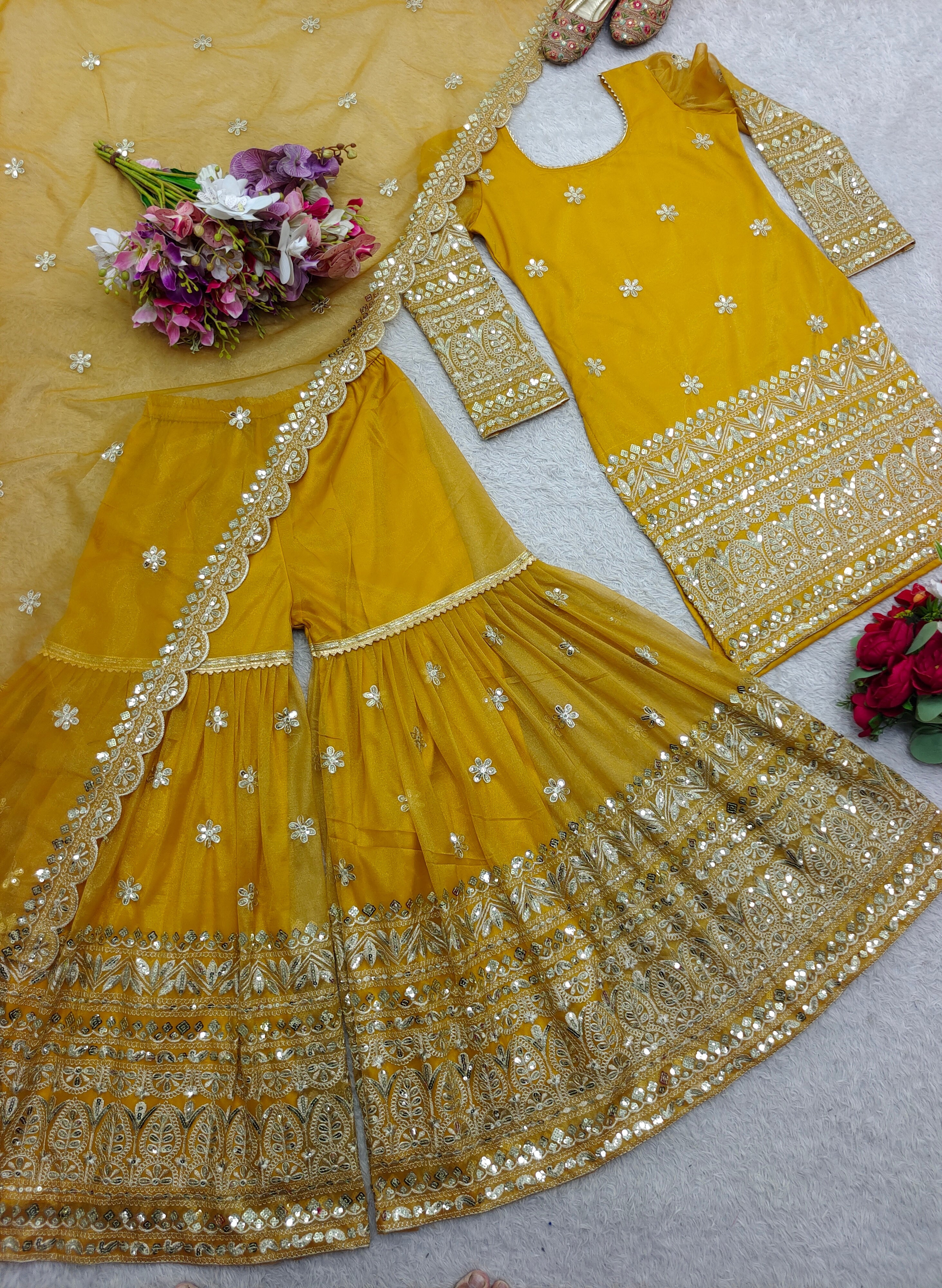 Party Wear Top-Sharara And Dupatta With Embroidery Sequence Work