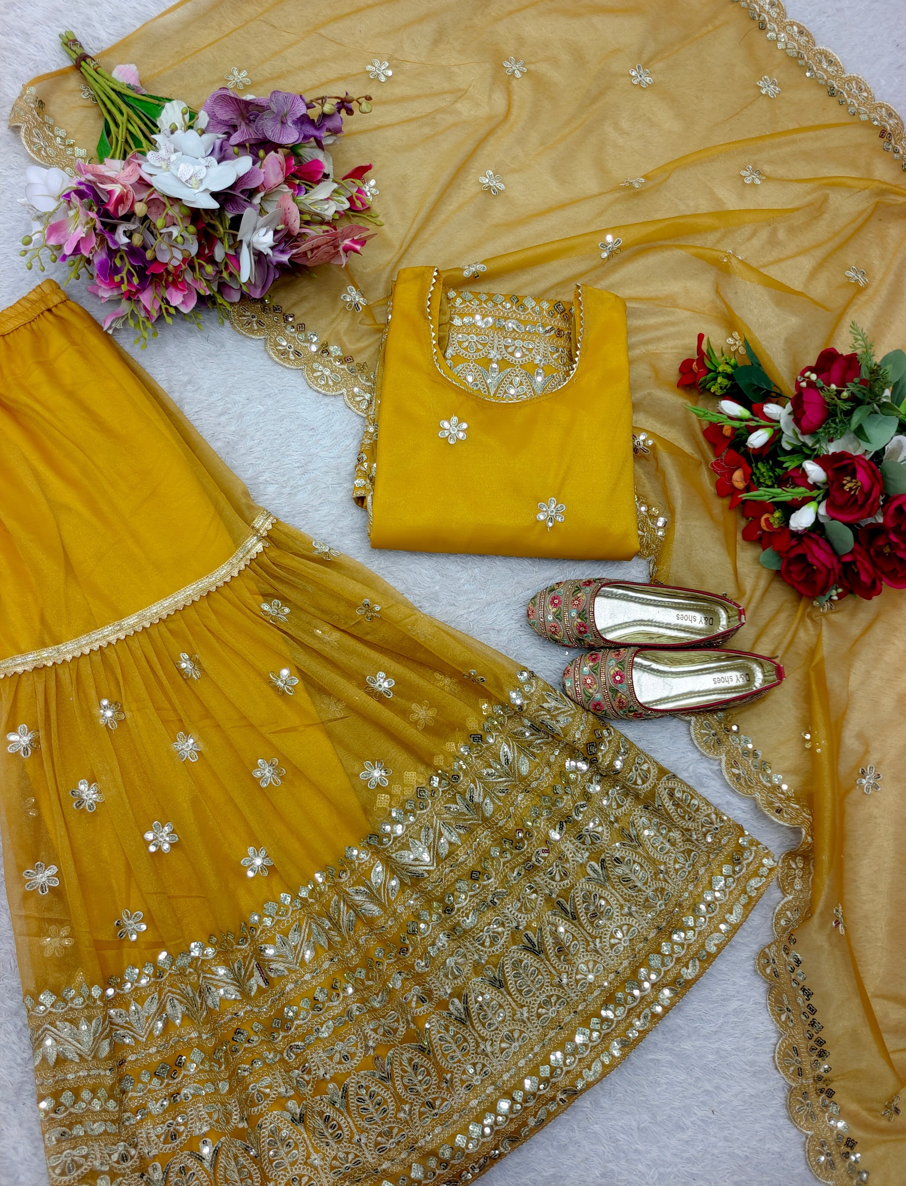 Party Wear Top-Sharara And Dupatta With Embroidery Sequence Work