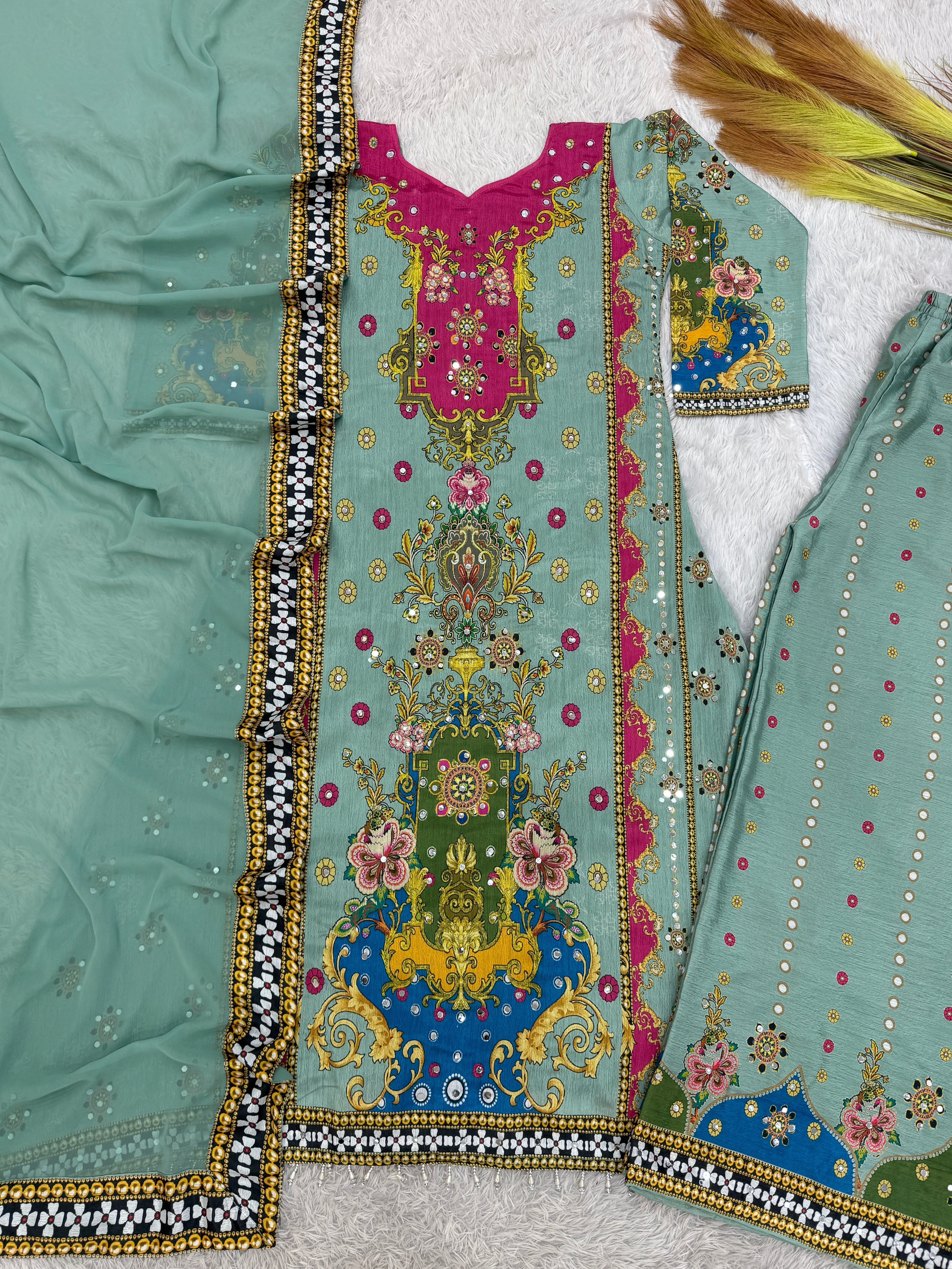 Fancy Suit Set With Beautiful Digital Print With Real Mirror Hand Work