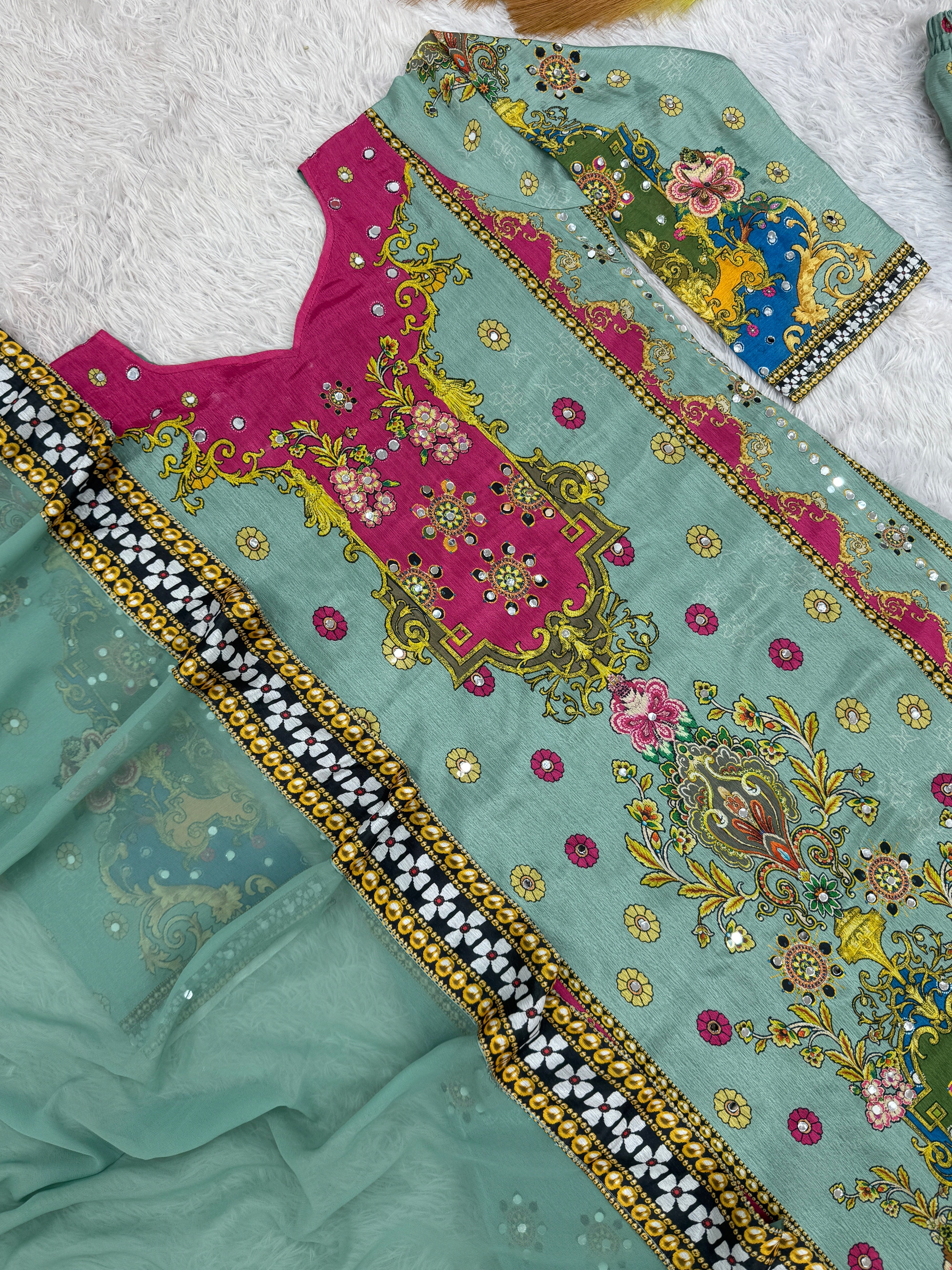 Fancy Suit Set With Beautiful Digital Print With Real Mirror Hand Work