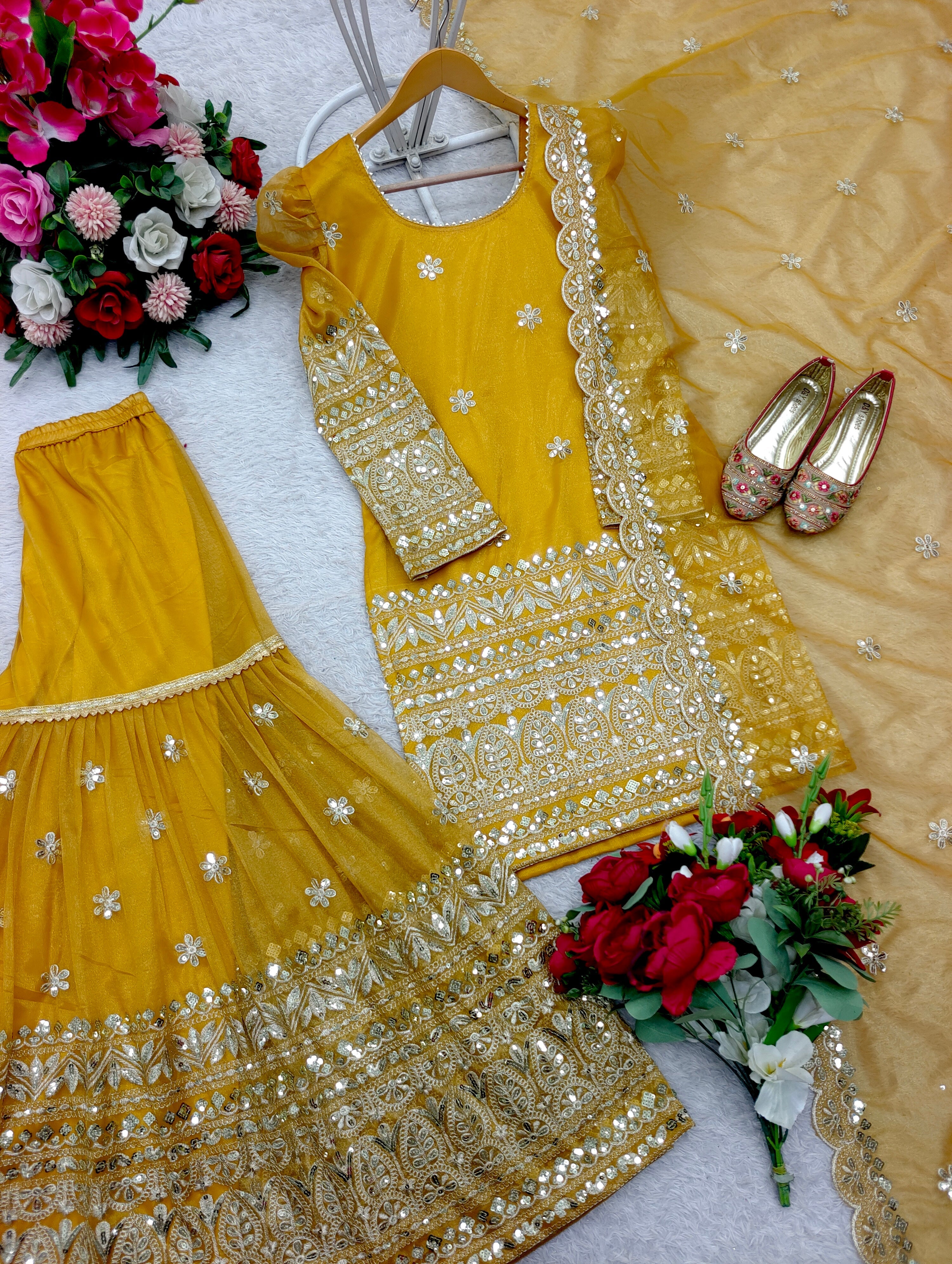 Party Wear Top-Sharara And Dupatta With Embroidery Sequence Work