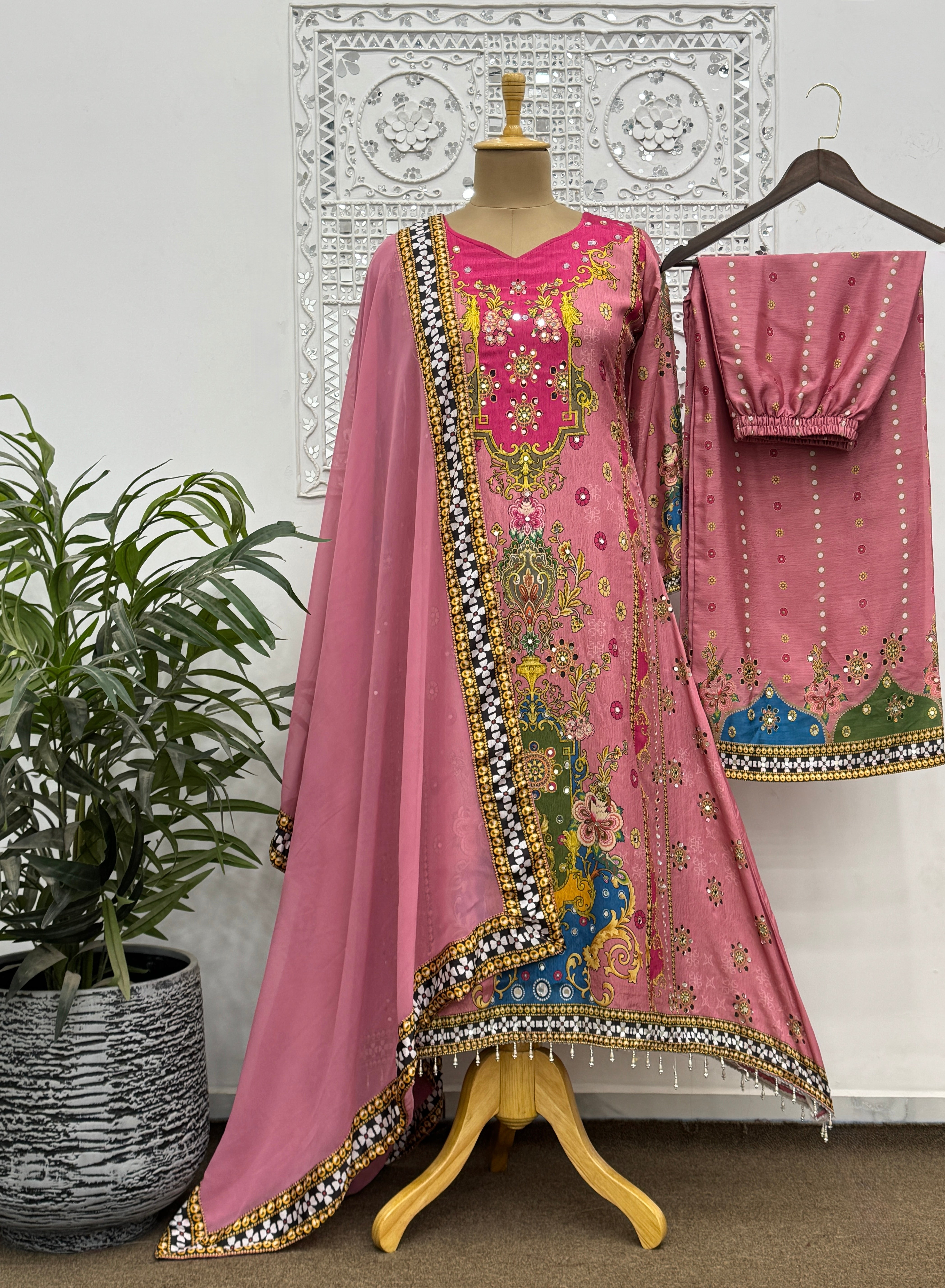 Fancy Suit Set With Beautiful Digital Print With Real Mirror Hand Work
