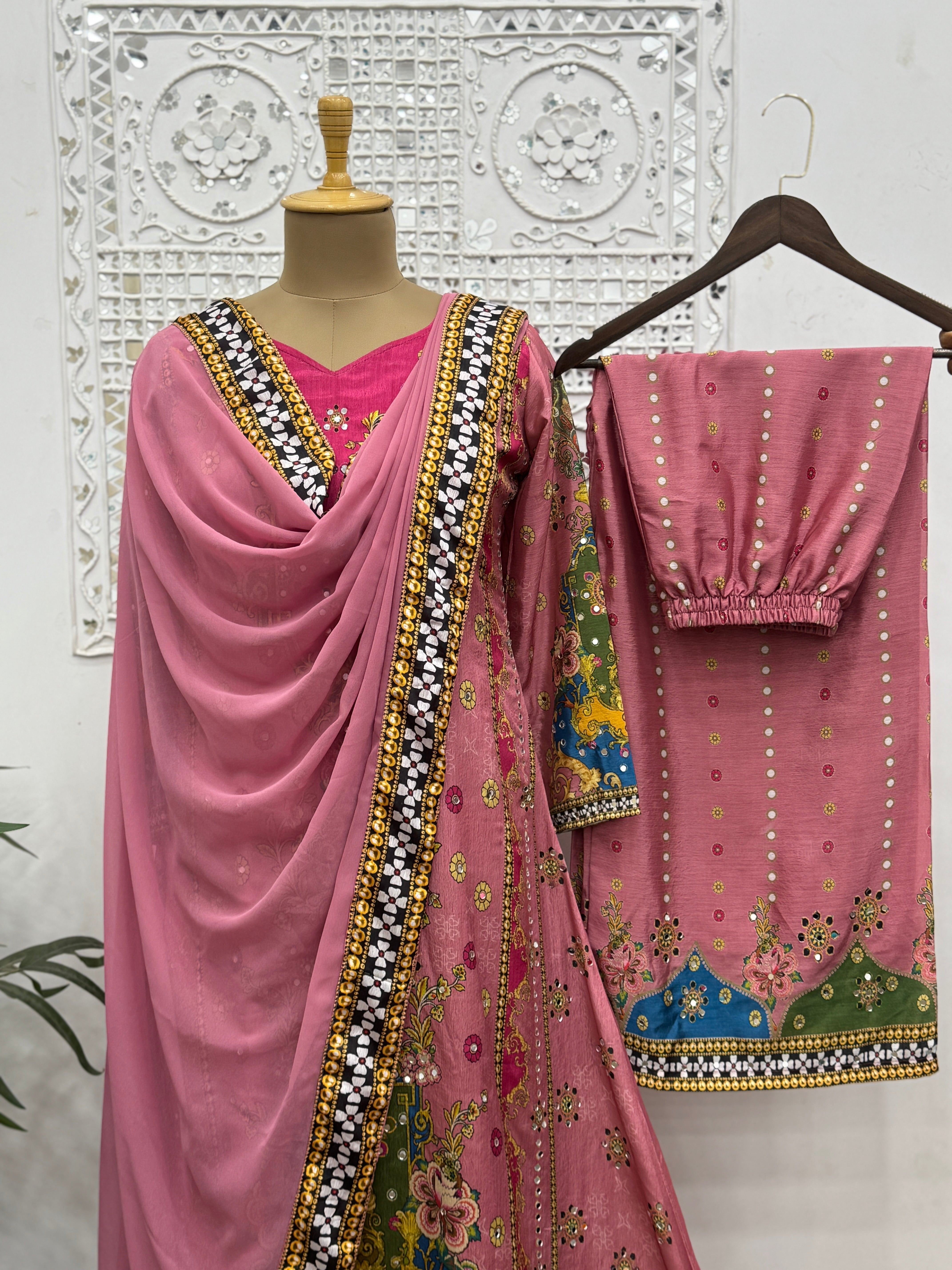 Fancy Suit Set With Beautiful Digital Print With Real Mirror Hand Work