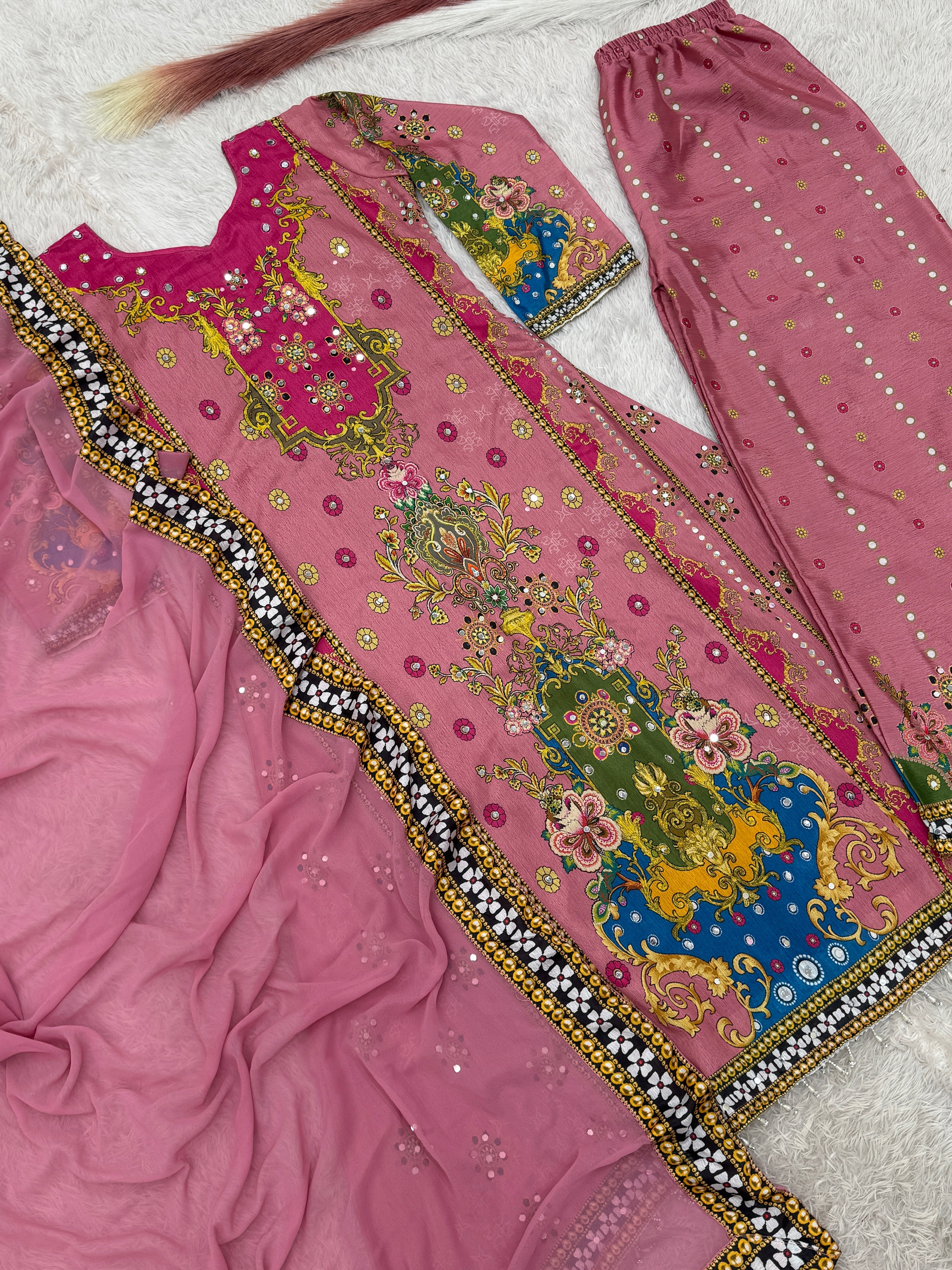 Fancy Suit Set With Beautiful Digital Print With Real Mirror Hand Work