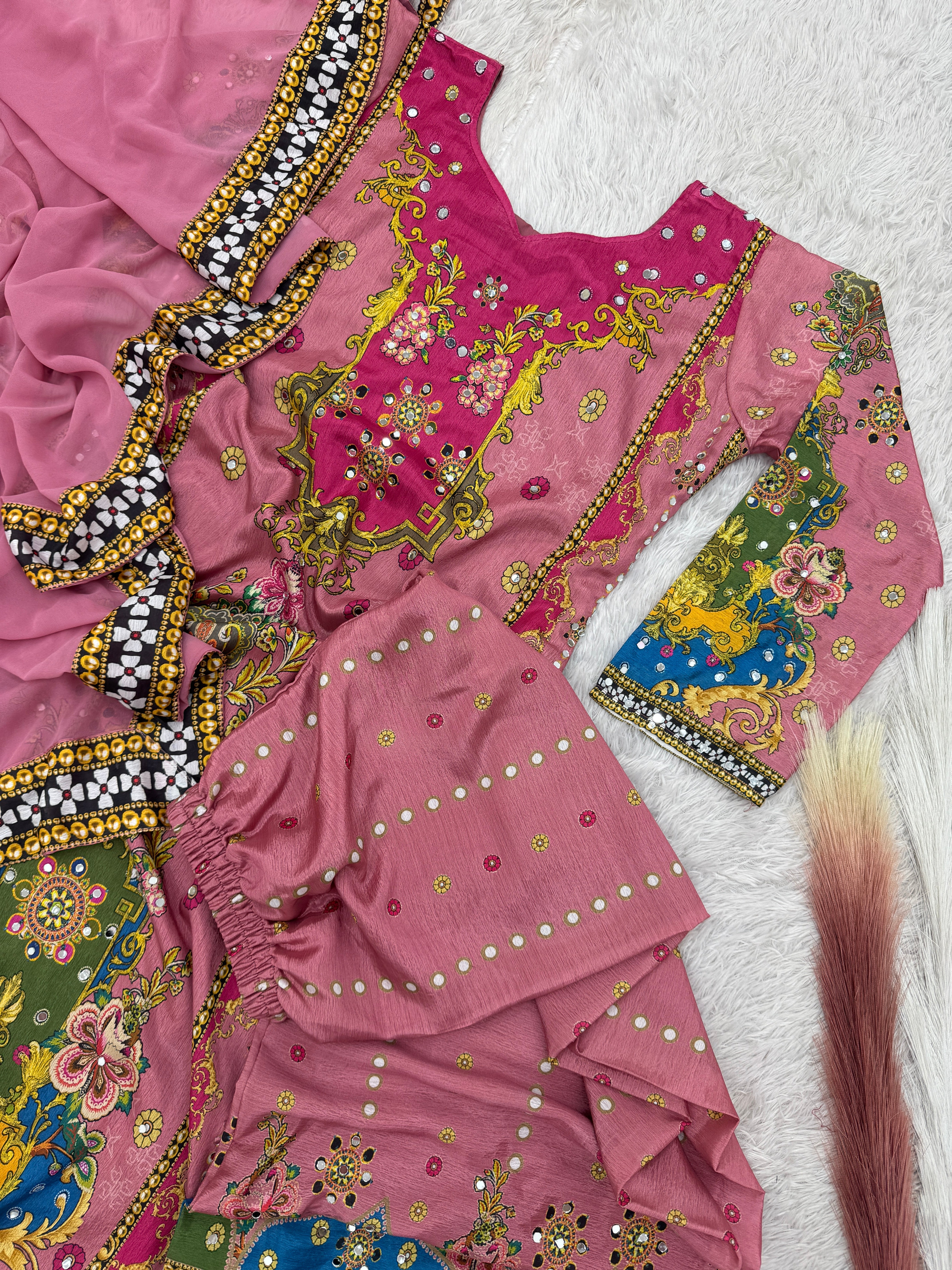 Fancy Suit Set With Beautiful Digital Print With Real Mirror Hand Work