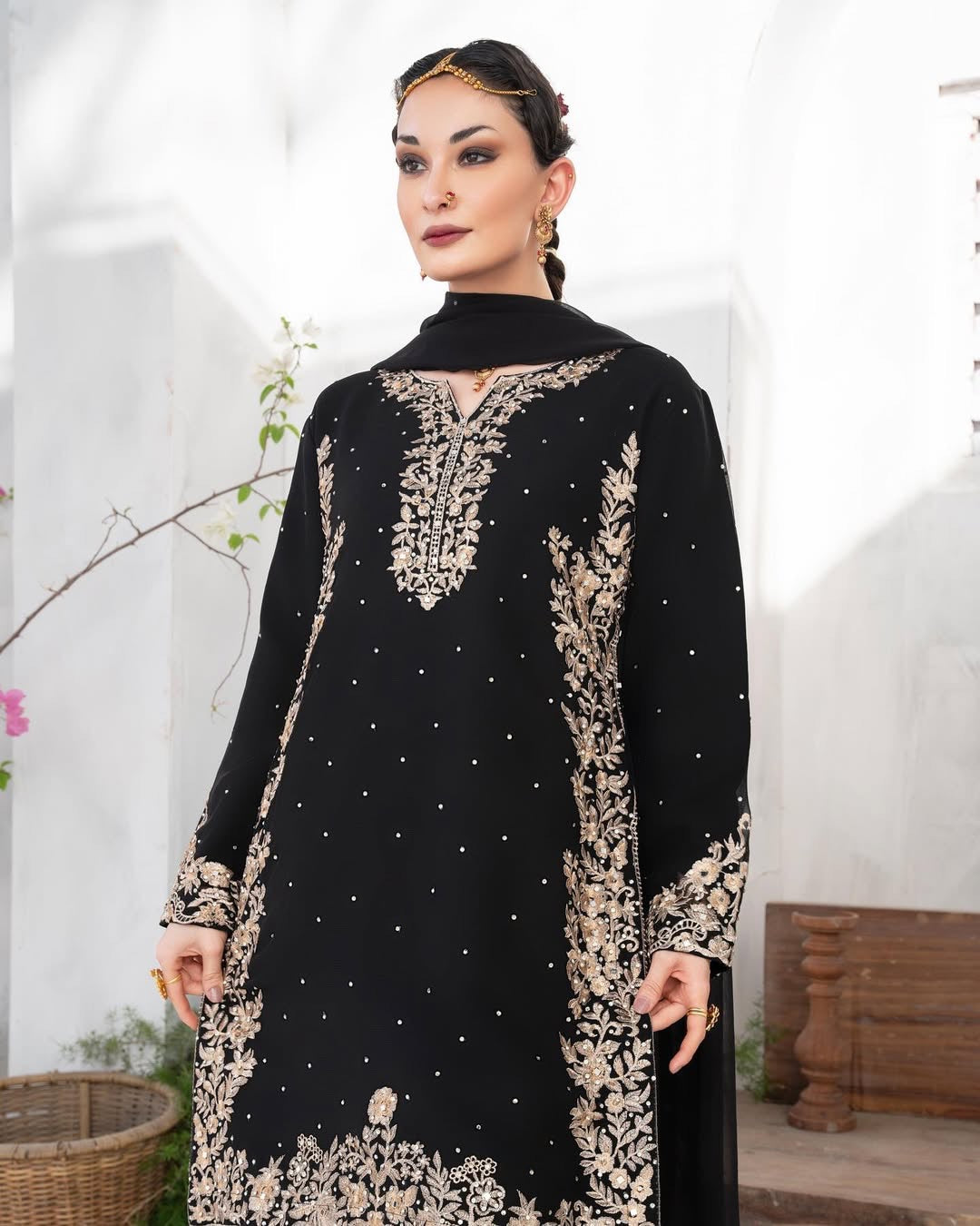 Designer Top-Bottom And Dupatta With Embroidery And Riveted Moti Work
