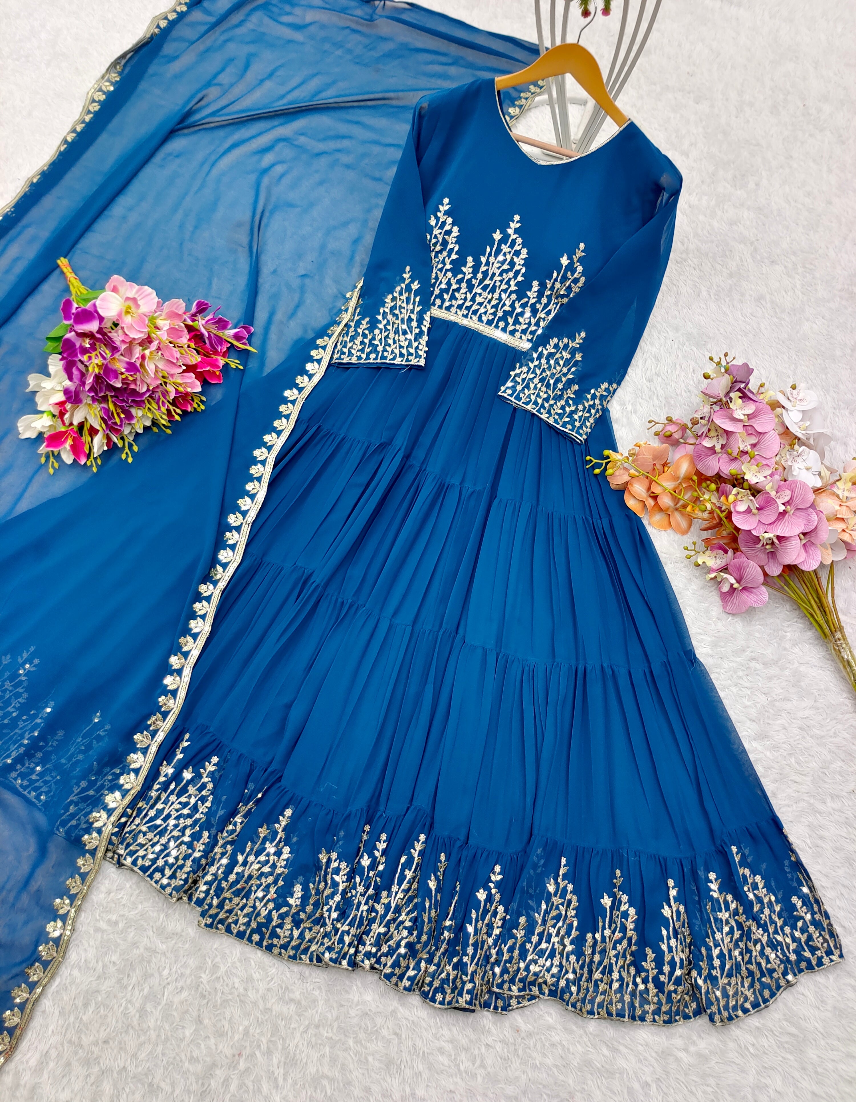 Beautiful Party Wear Ruffle Gown And Dupatta With Embroidery Sequence Work