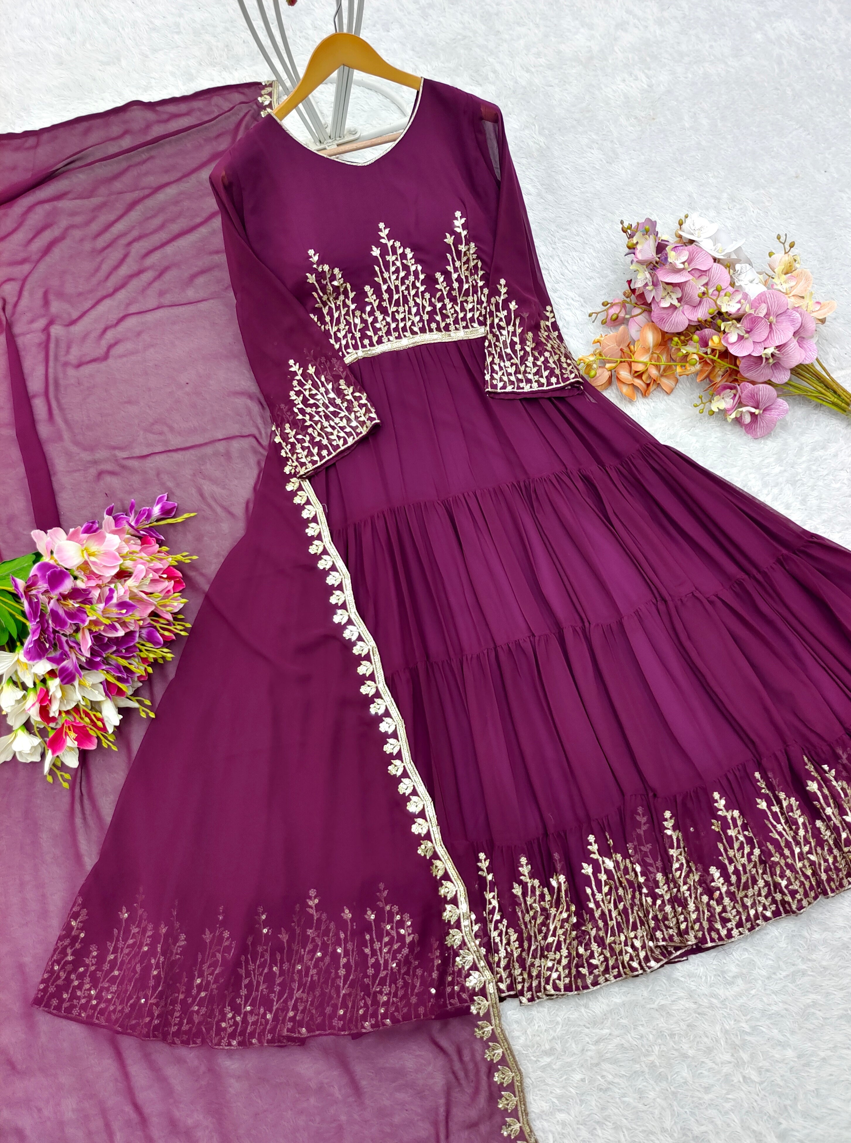 Beautiful Party Wear Ruffle Gown And Dupatta With Embroidery Sequence Work