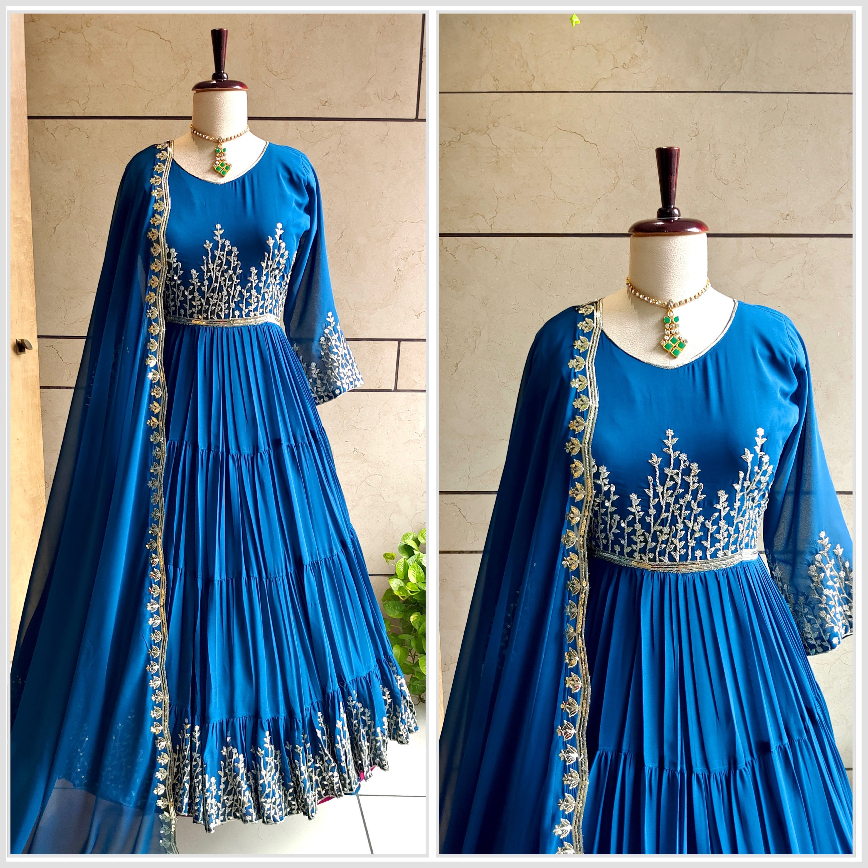 Beautiful Party Wear Ruffle Gown And Dupatta With Embroidery Sequence Work