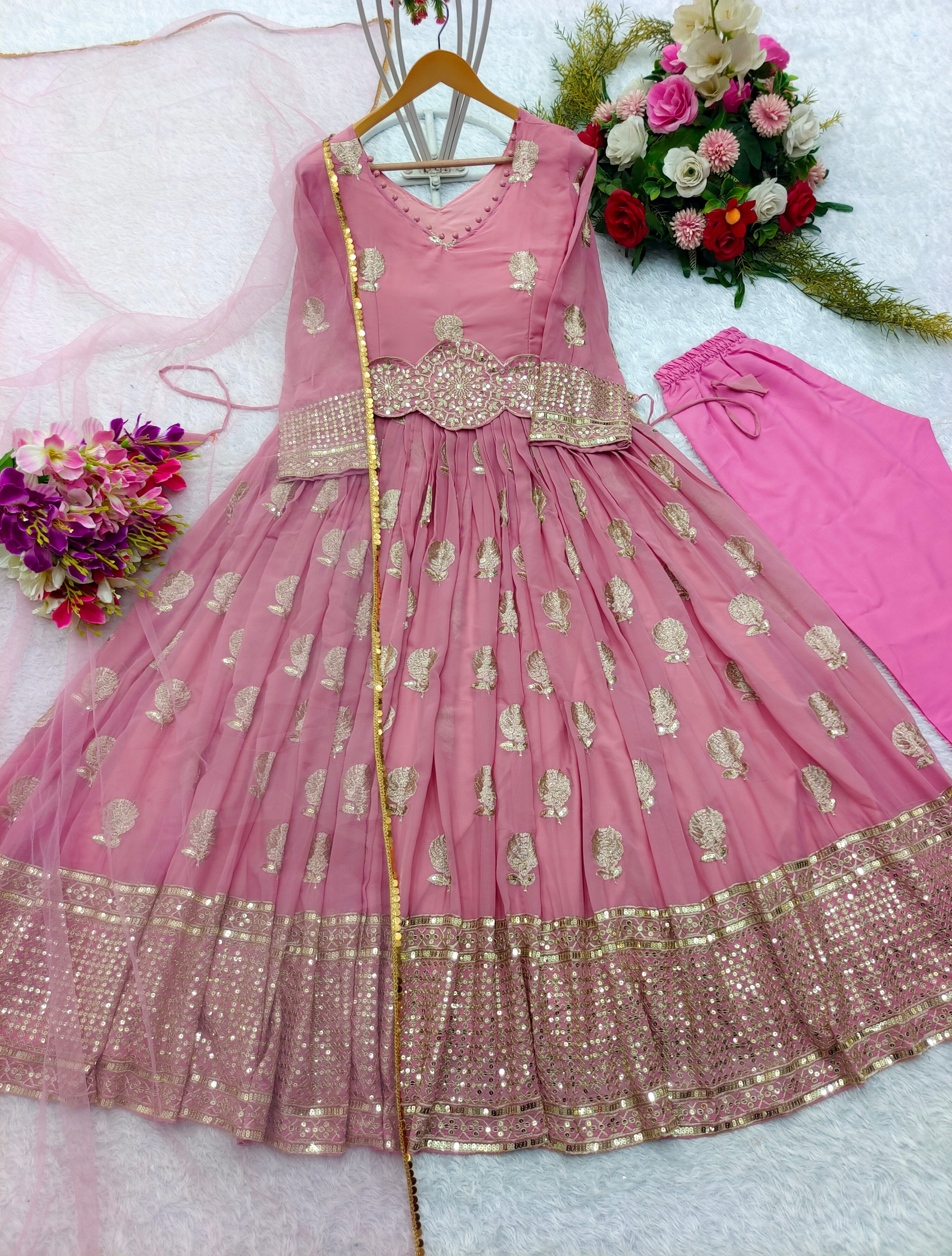 Party Wear Beautiful Gown -Pent And Dupatta With Attached Belt