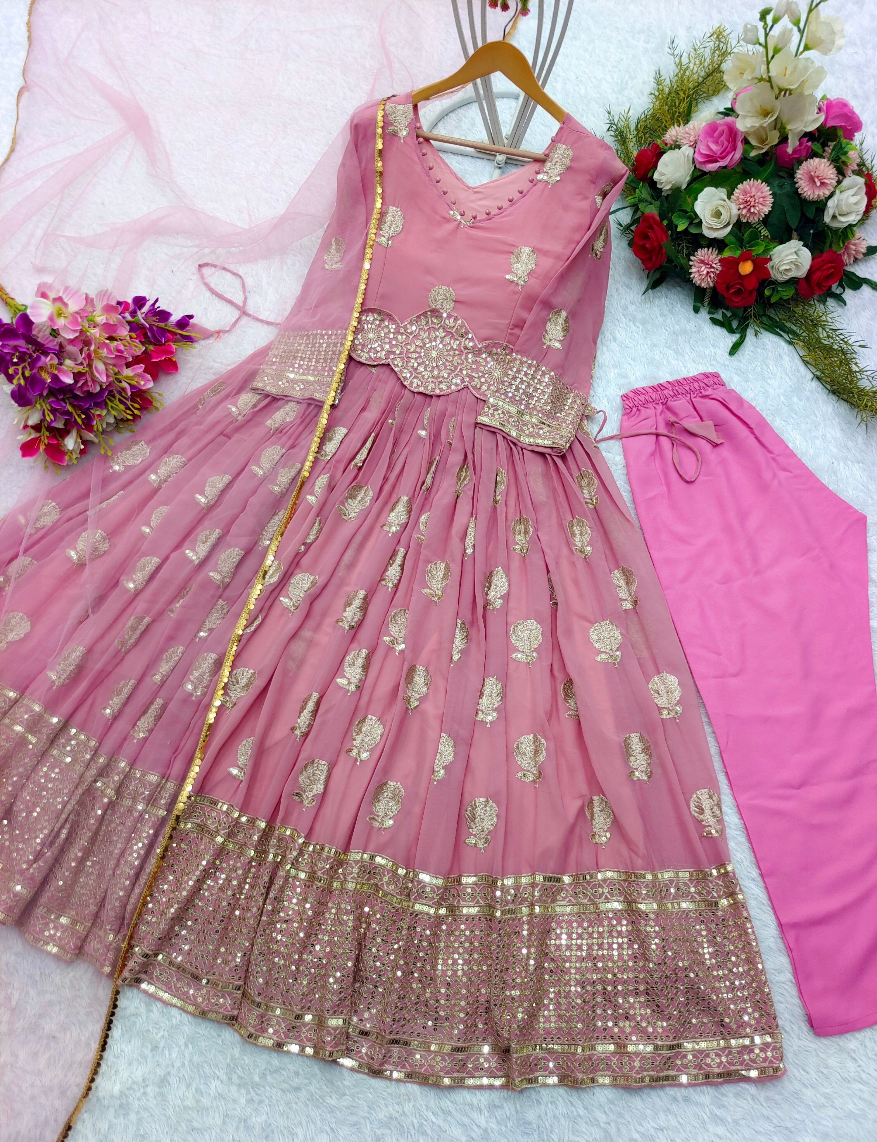 Party Wear Beautiful Gown -Pent And Dupatta With Attached Belt