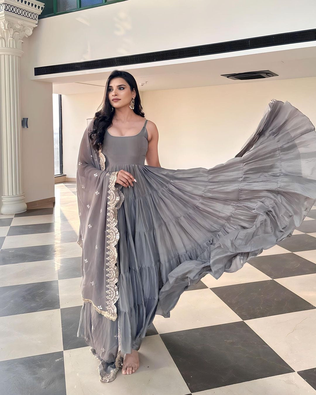 Beautiful Anarkali Gown With With Fully Ruffle Flair With Dupatta
