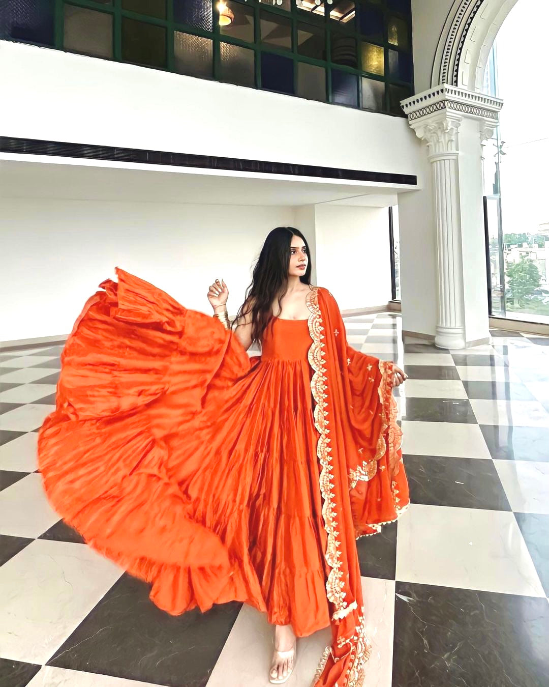 Beautiful Anarkali Gown With With Fully Ruffle Flair With Dupatta