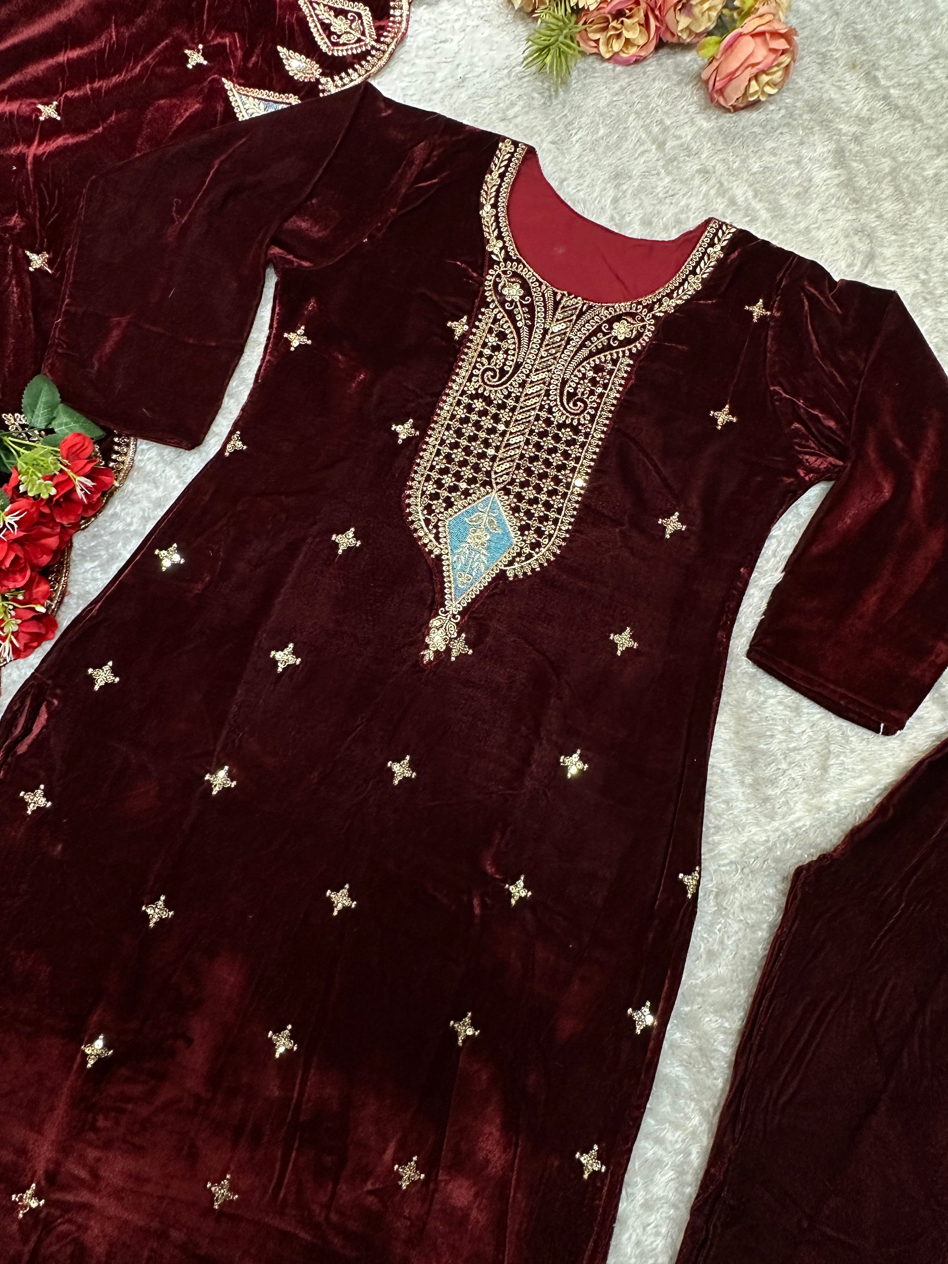 Party Wear Beautiful Top Bottom And Dupatta With Embroidery Work