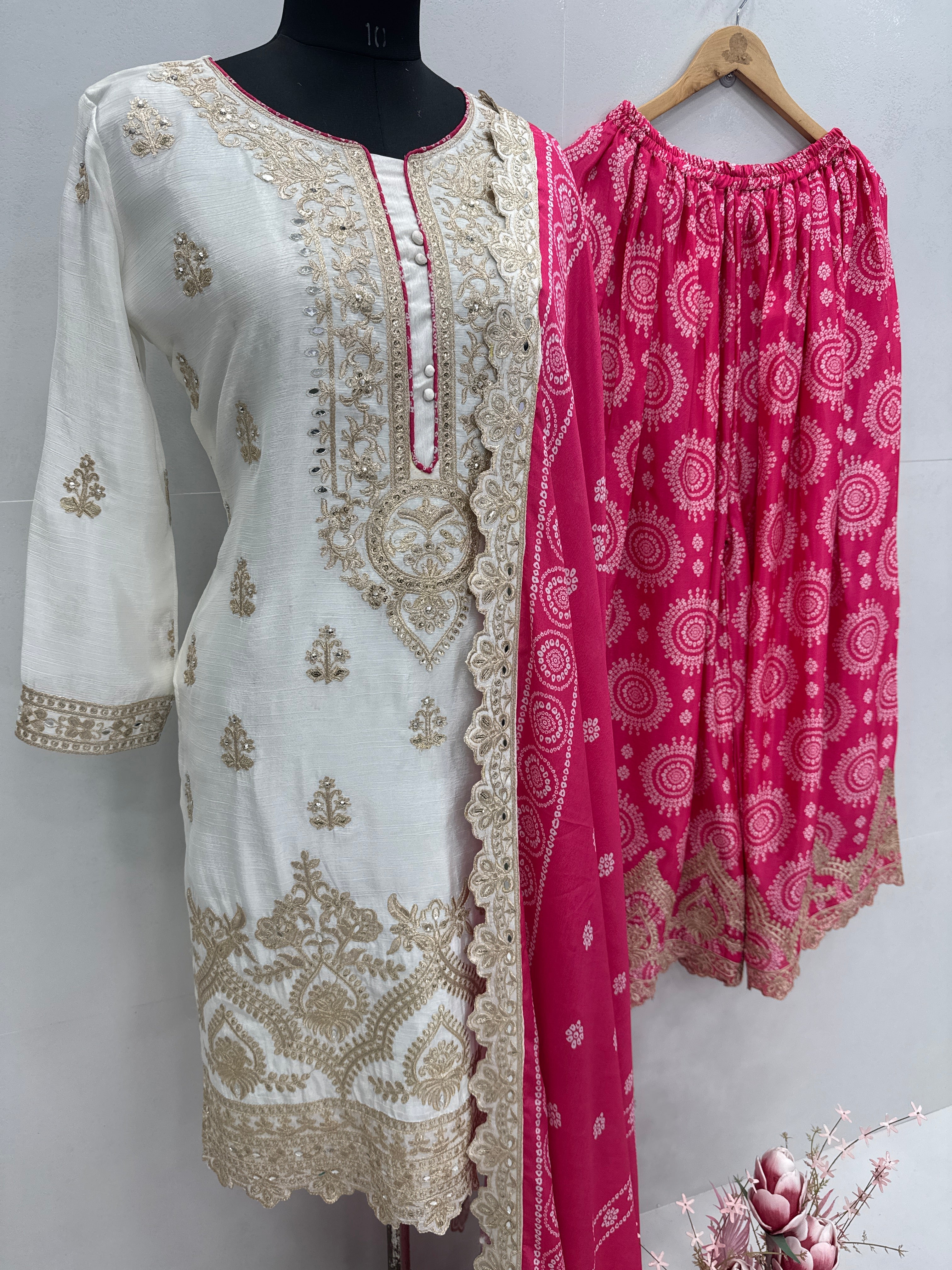 Beautiful Party Wear Top Sharara And Dupatta With Real Mirror Hand Work