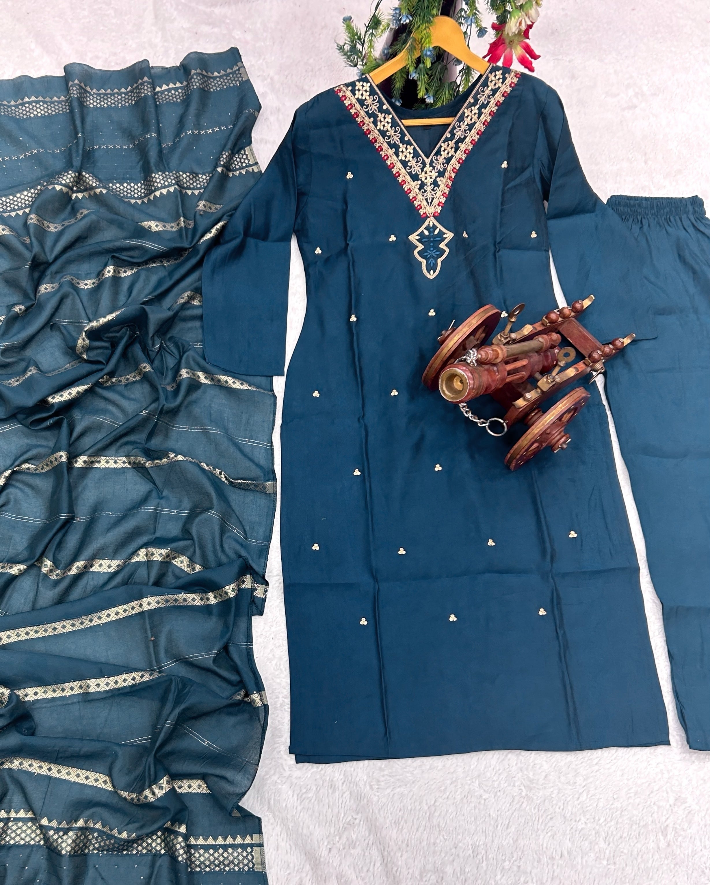 Designer Party Wear Suit-Pent And Dupatta With Embroidery Work