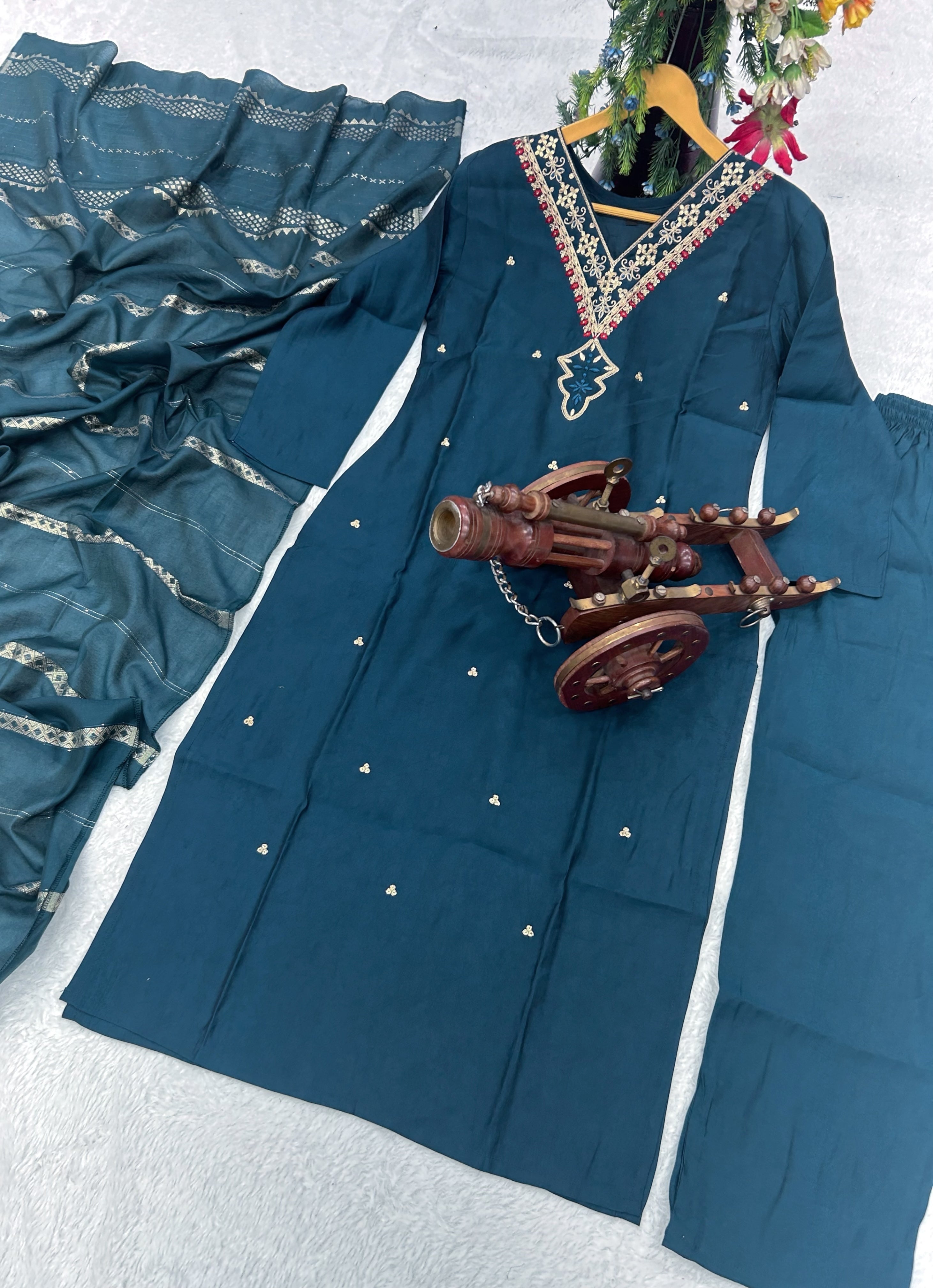 Designer Party Wear Suit-Pent And Dupatta With Embroidery Work