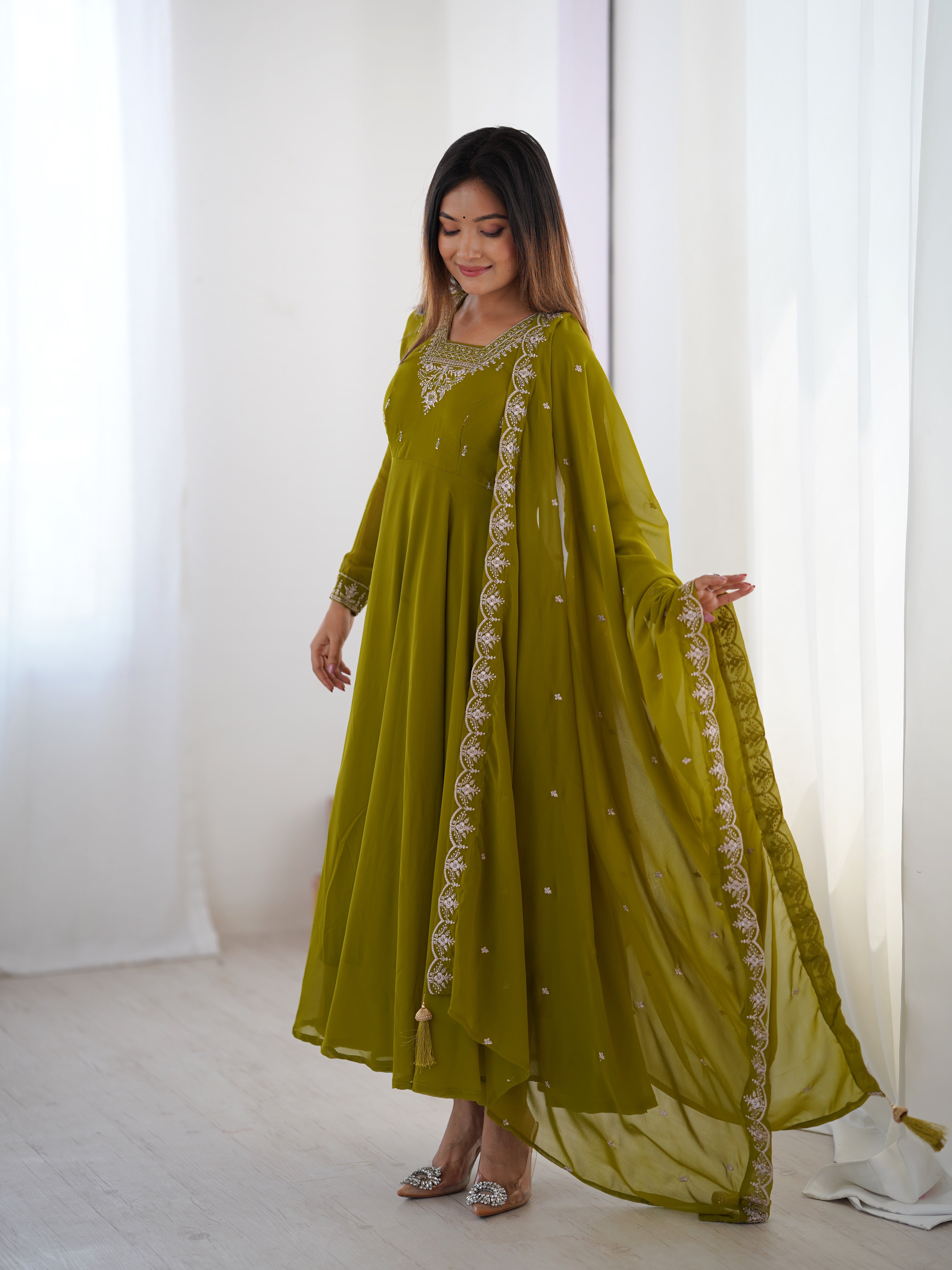 Party Wear Look Anarkali Gown Pent And Dupatta