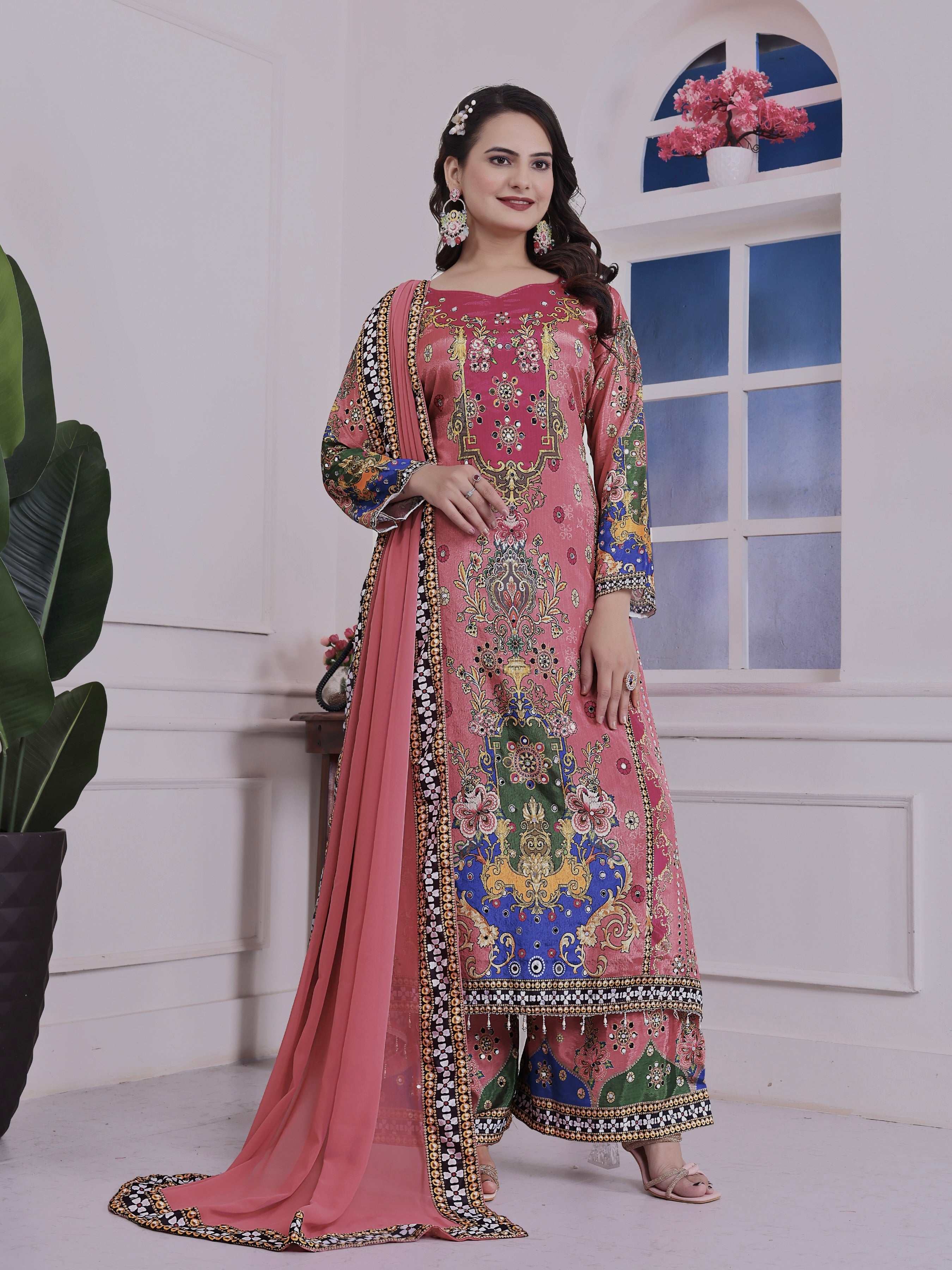 Fancy Suit Set With Beautiful Digital Print With Real Mirror Hand Work