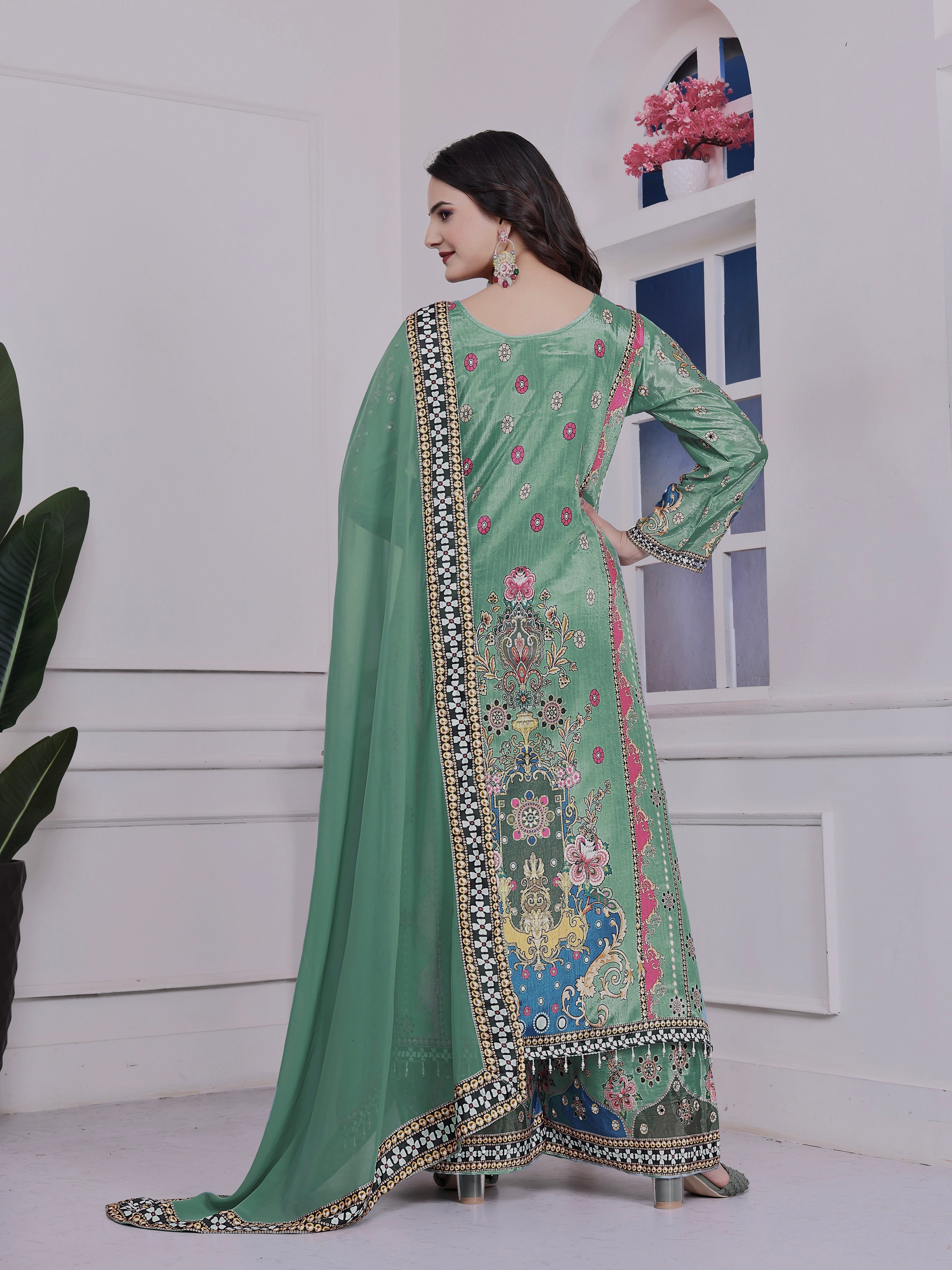 Fancy Suit Set With Beautiful Digital Print With Real Mirror Hand Work