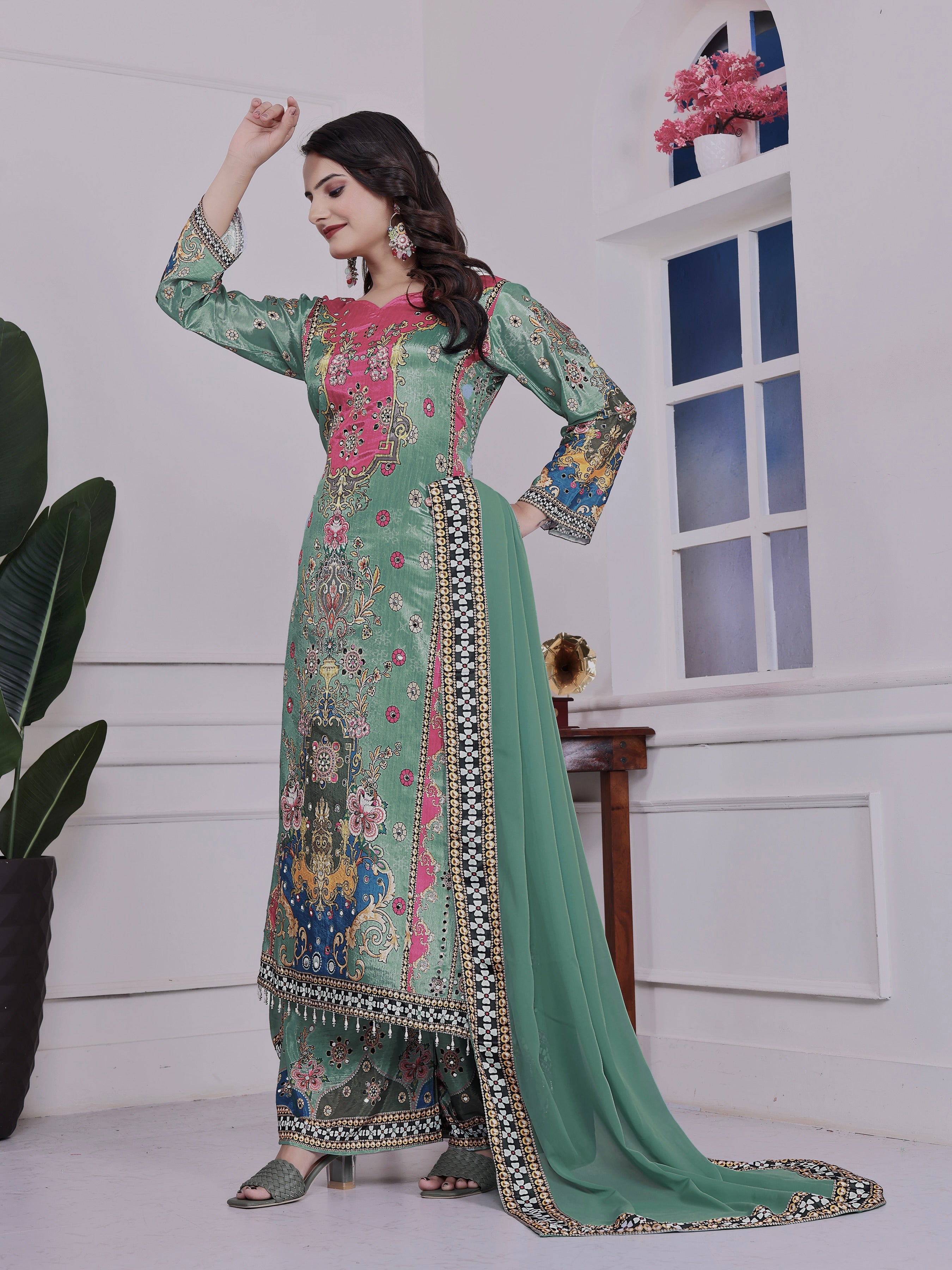 Fancy Suit Set With Beautiful Digital Print With Real Mirror Hand Work