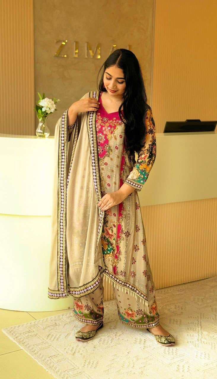 Fancy Suit Set With Beautiful Digital Print With Real Mirror Hand Work