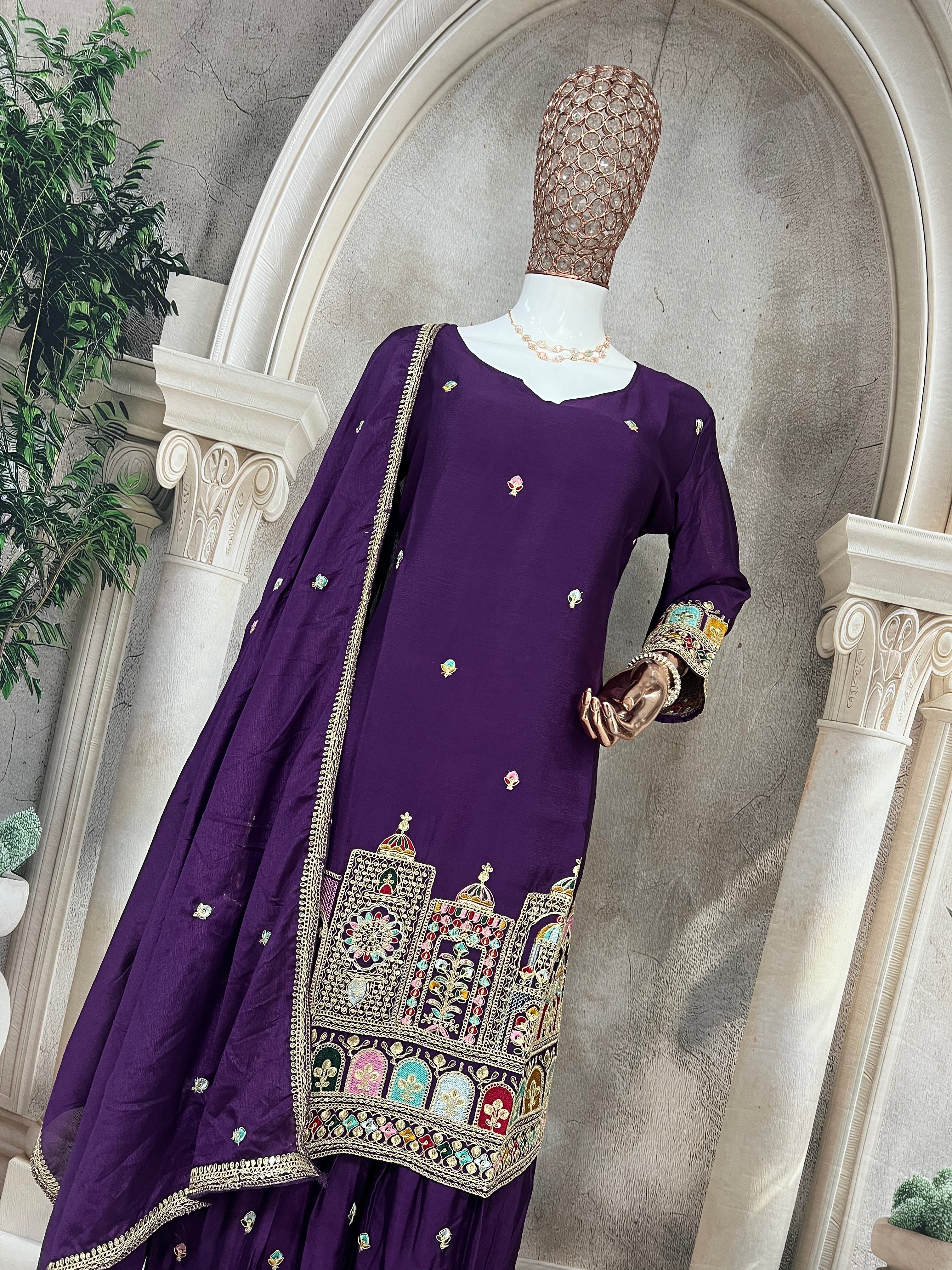 Party Wear Suit Set With Multi Needle Sequins Embroidery Work