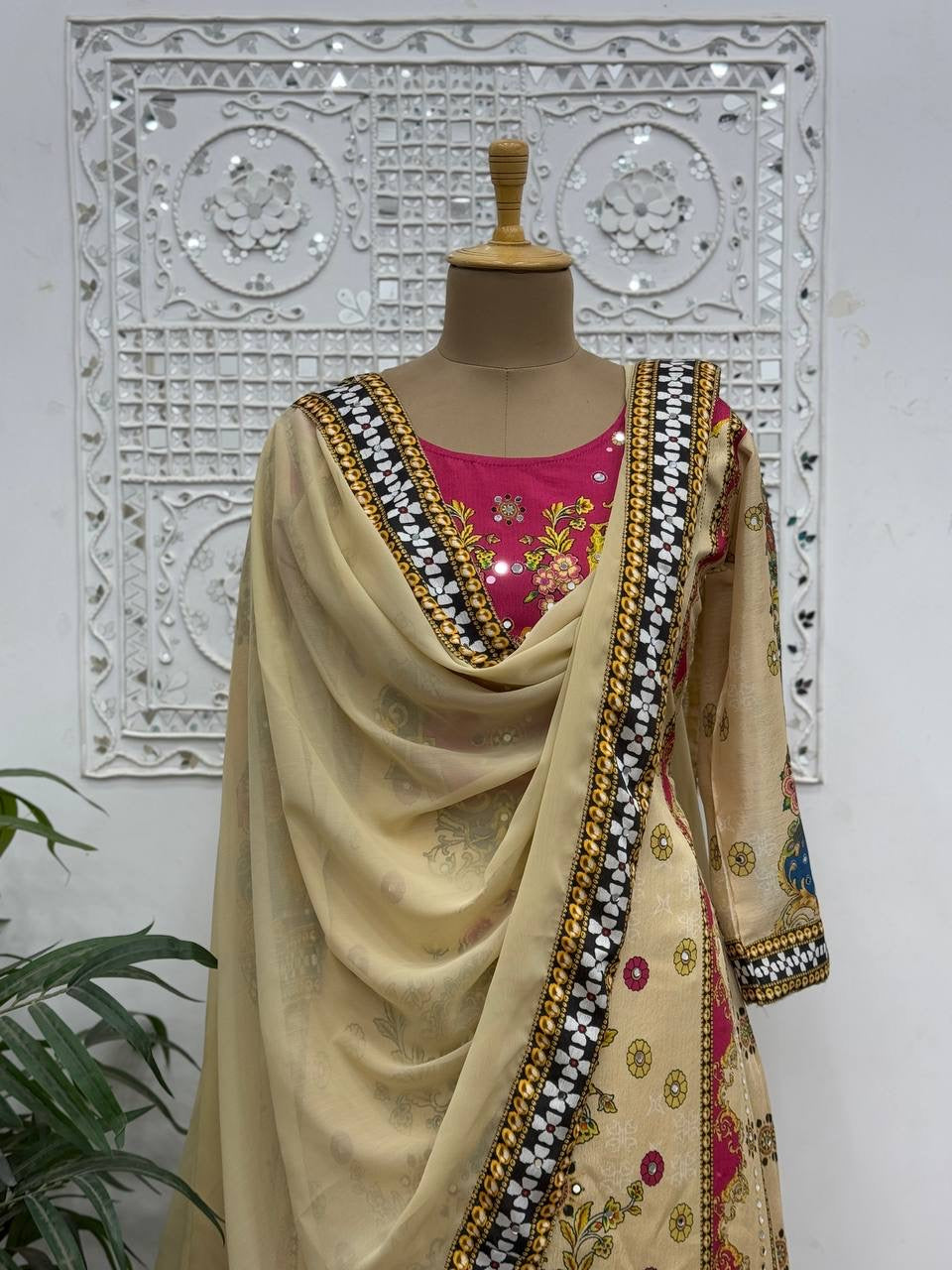 Fancy Suit Set With Beautiful Digital Print With Real Mirror Hand Work